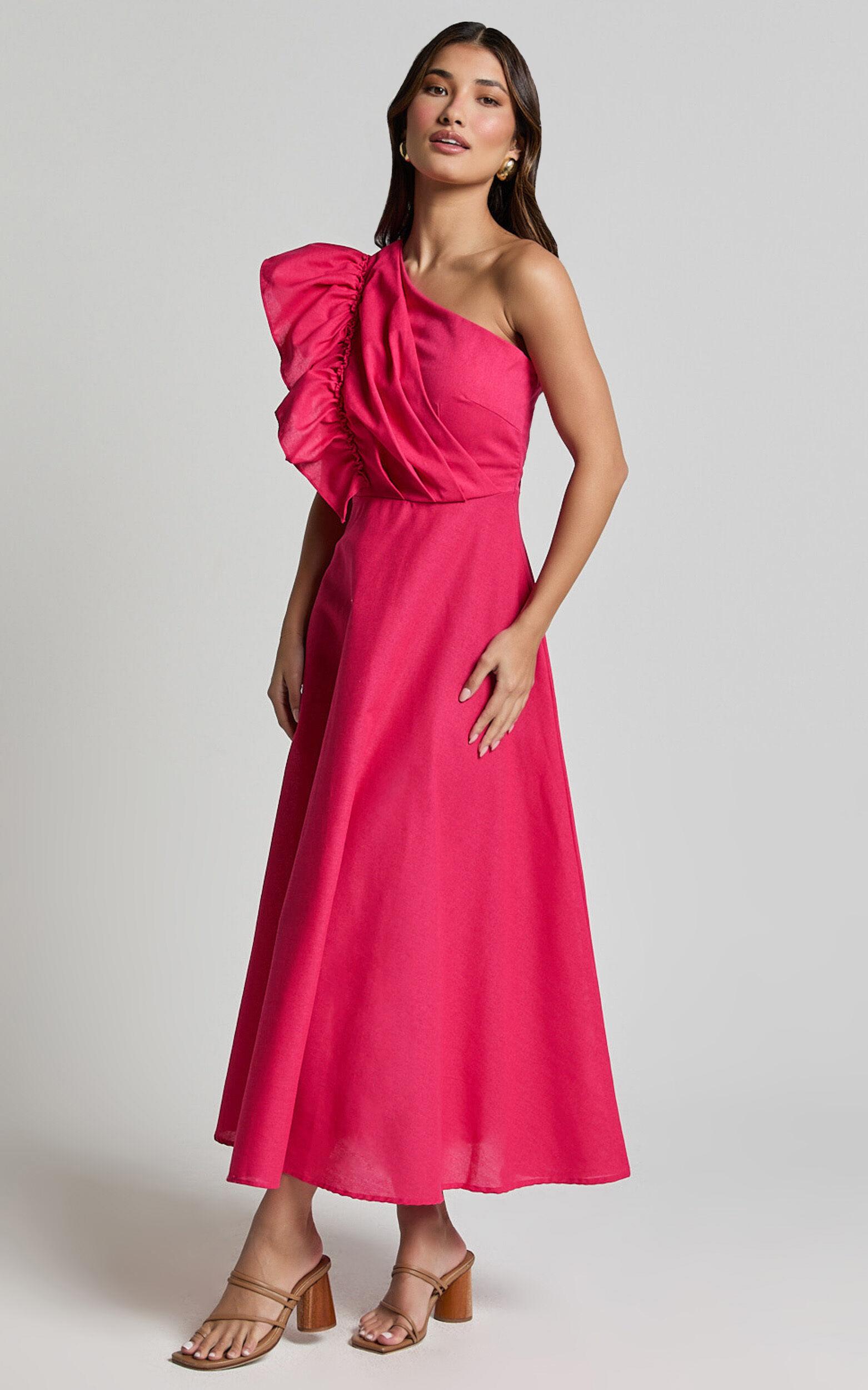 Dixie Midi Dress - Linen Look One Shoulder Ruffle Dress in Raspberry Product Image