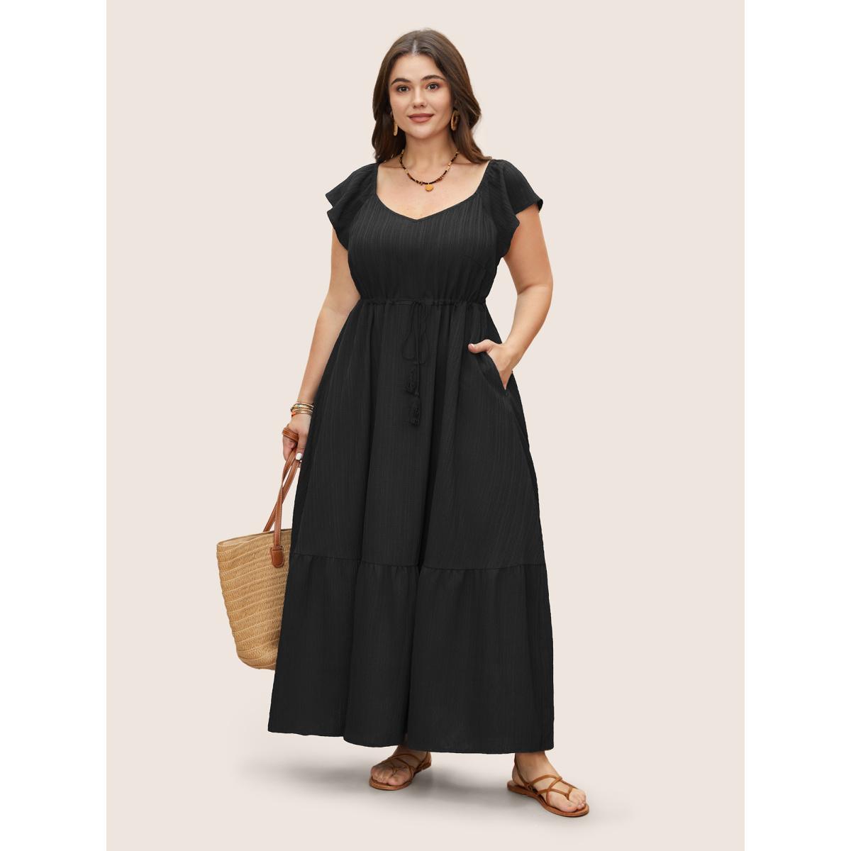 Plus Size Texture Drawstring Tie Knot Tassels Dress Black Women Resort Tie knot V-neck Cap Sleeve Curvy BloomChic 18-20/2X Product Image