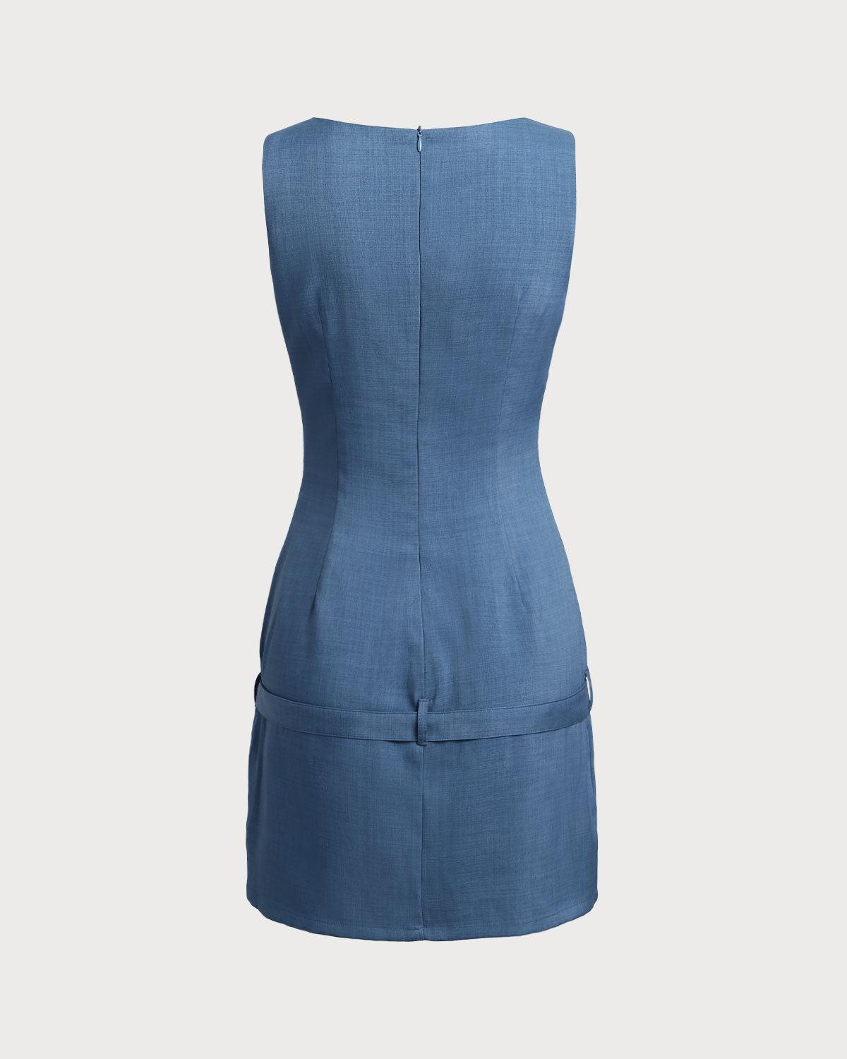Blue Boat Neck Belted Mini Dress Product Image