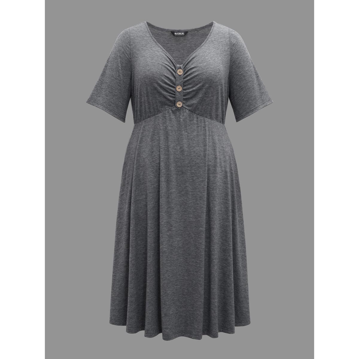 Plus Size Gathered Button Detail Plain Knit Dress DimGray Women Casual Gathered Knit Dresses Bloomchic 26/4X Product Image