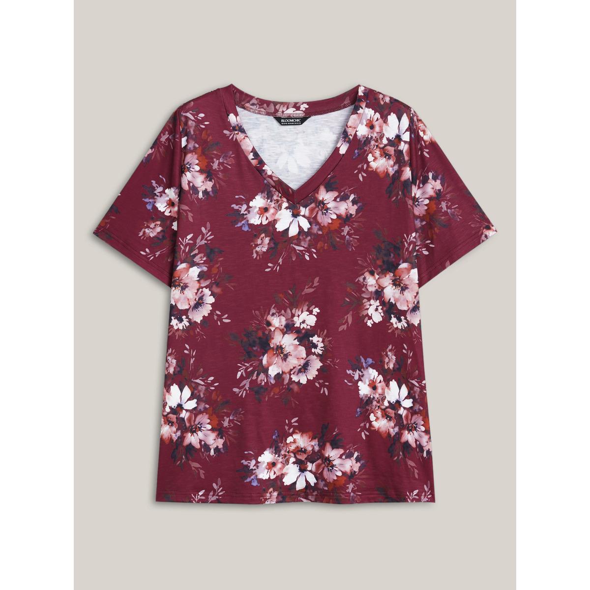 Plus Size Floral Print V Neck Stretchy T-shirt Deepred Women Timeless Non Natural Flowers V-neck Elegant T-shirts BloomChic 18-20/2X Product Image