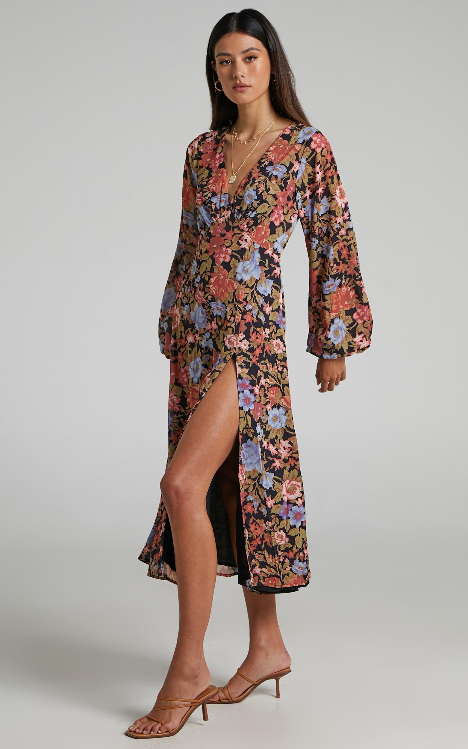 Henny Midi Dress - Long Sleeve Split Dress in Dusk Floral Product Image
