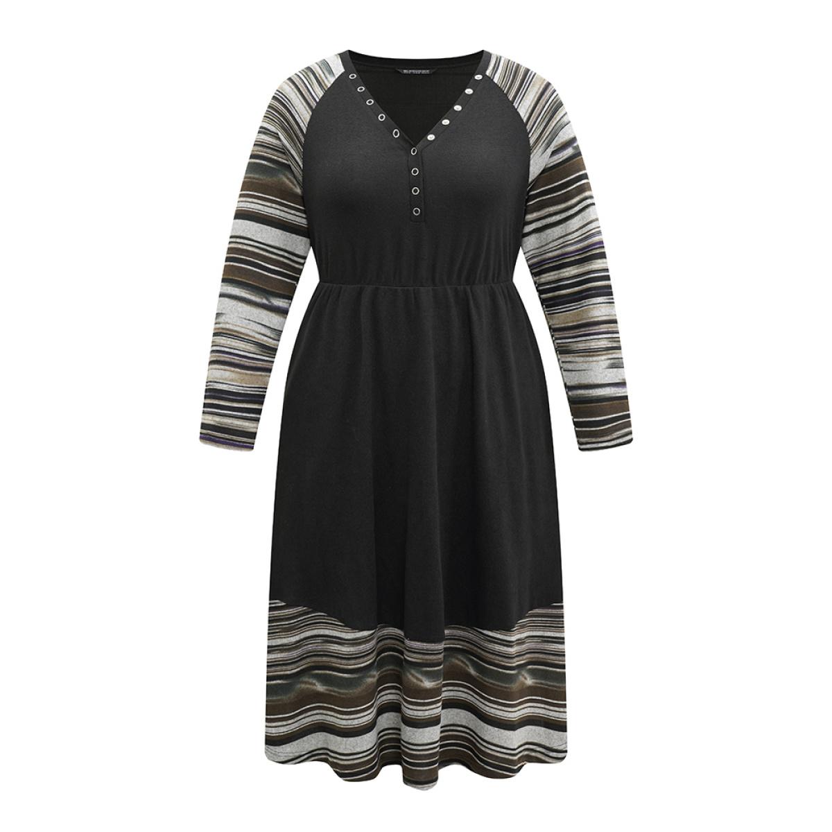 Plus Size Striped Raglan Sleeve Patchwork Elastic Waist Dress Black Women Casual Printed V-neck Long Sleeve Curvy Midi Dress BloomChic 12/L Product Image