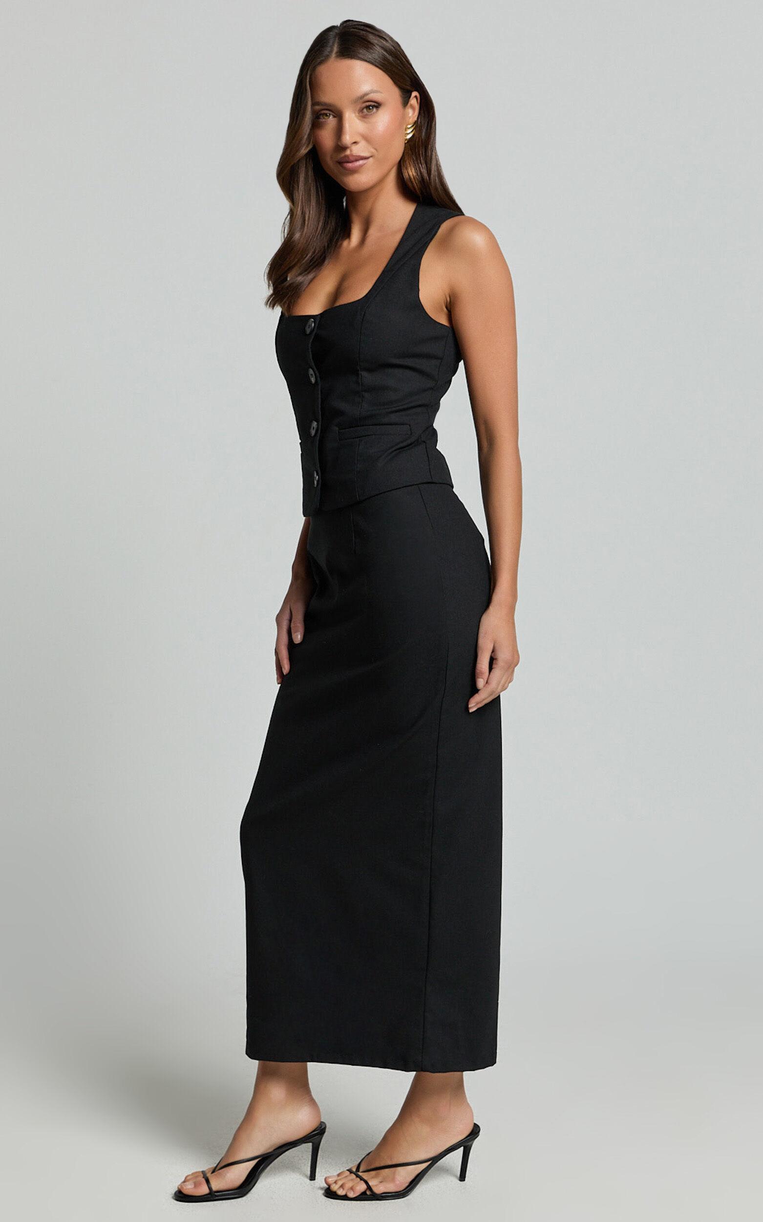 Elias Two Piece Set - Linen Square Neck Vest Top And Column Midi Skirt in Black Product Image