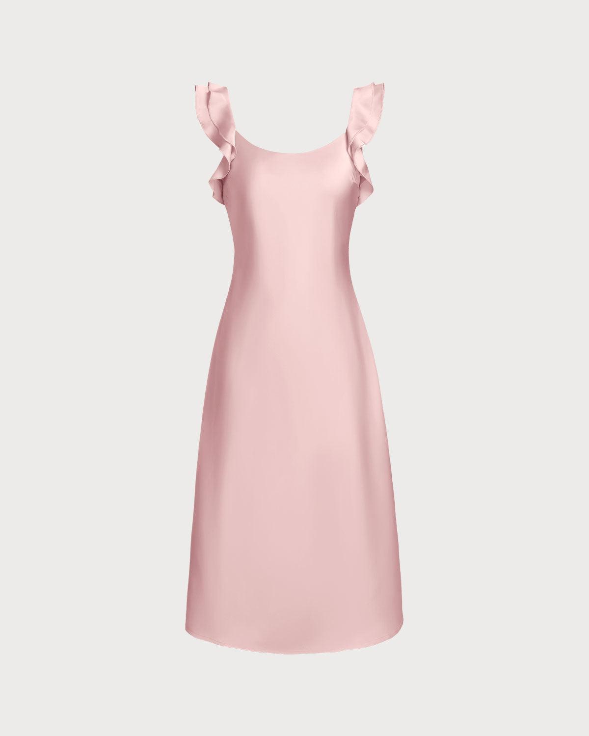 Pink Square Neck Ruffle Satin Midi Dress Product Image