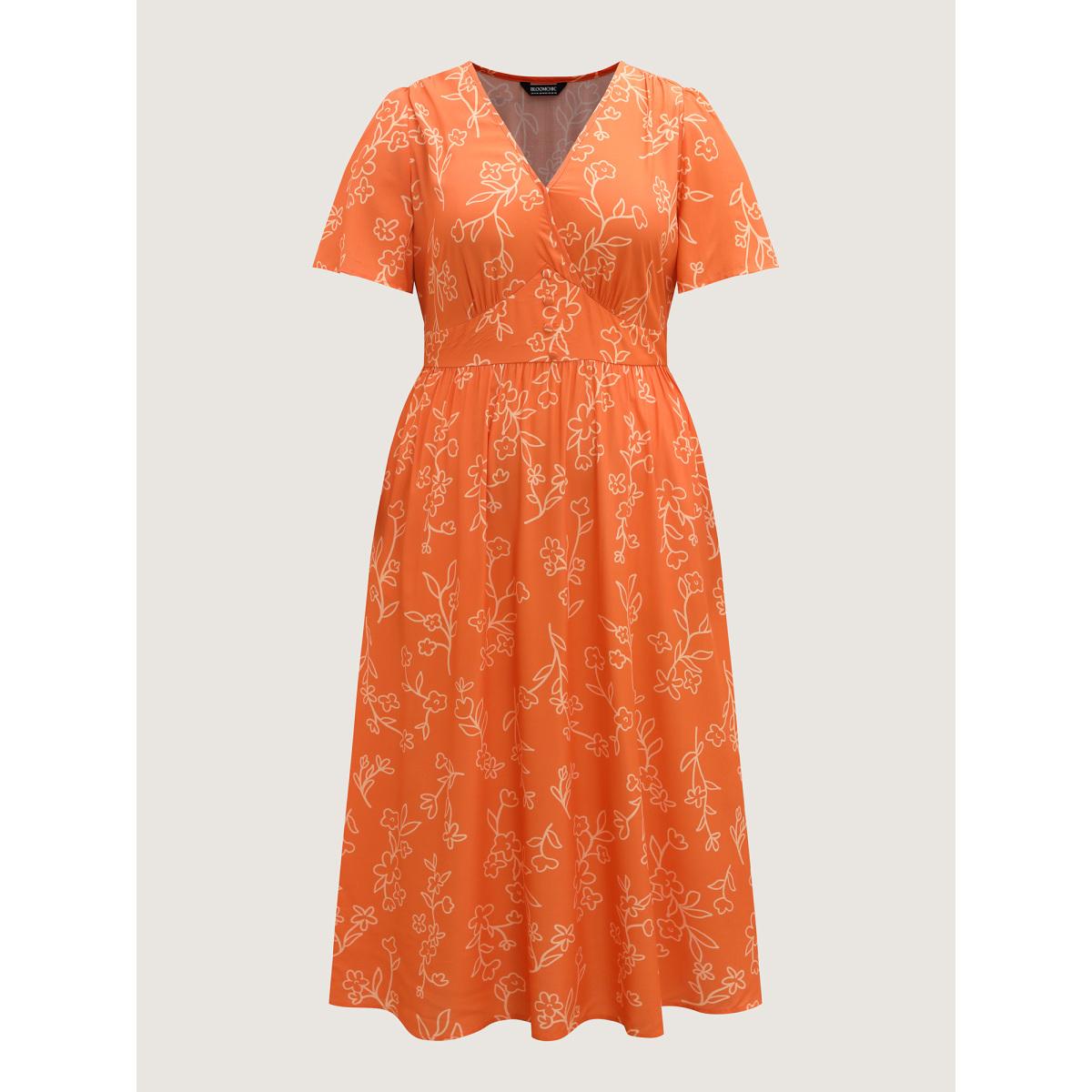 Plus Size Rayon Silhouette Floral Print Midi Dress Rust Women Leisure Overlap Collar Short sleeve Curvy BloomChic 12/L Product Image