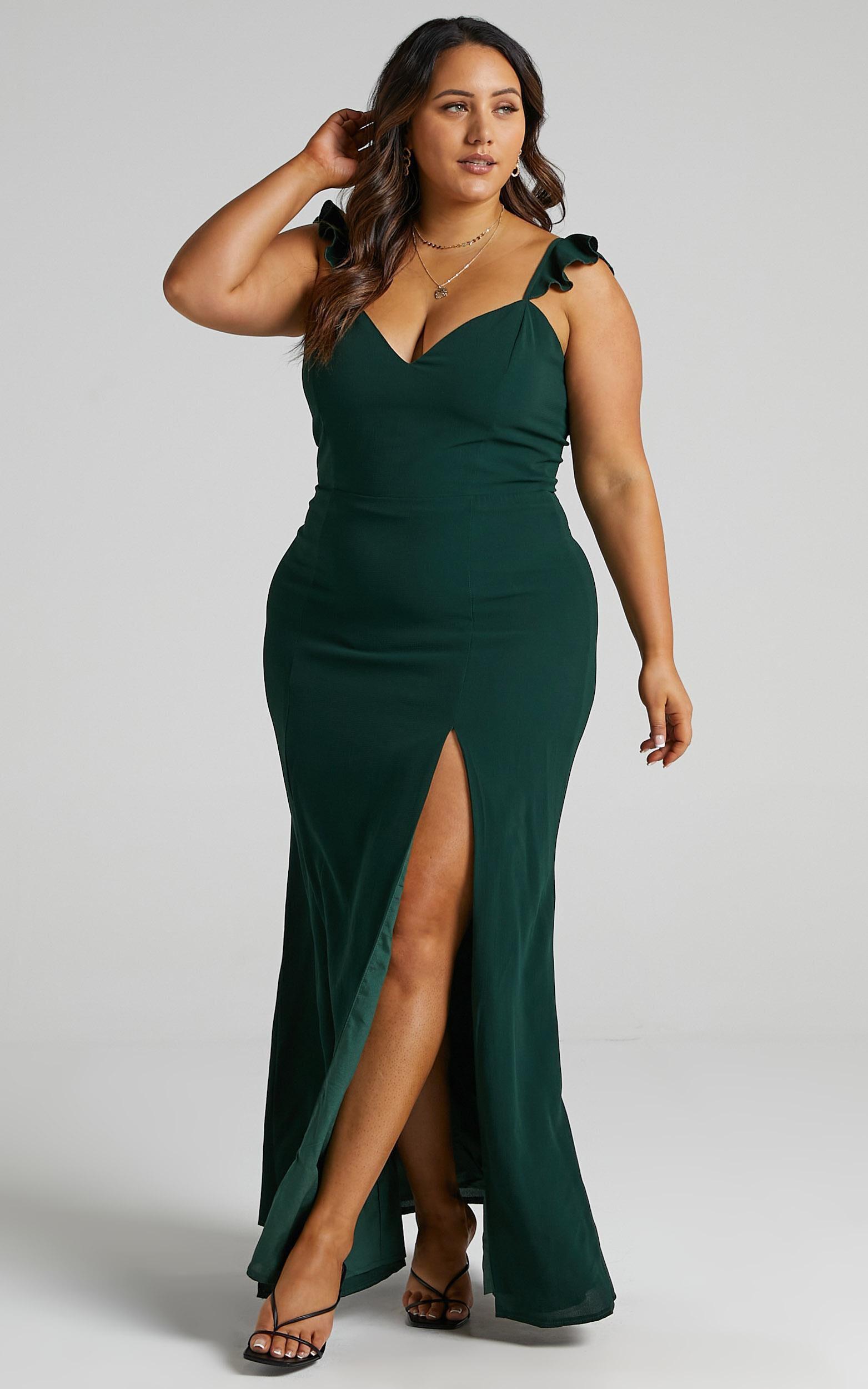 More Than This Maxi Dress - Ruffle Strap Thigh Split Dress in Emerald Product Image