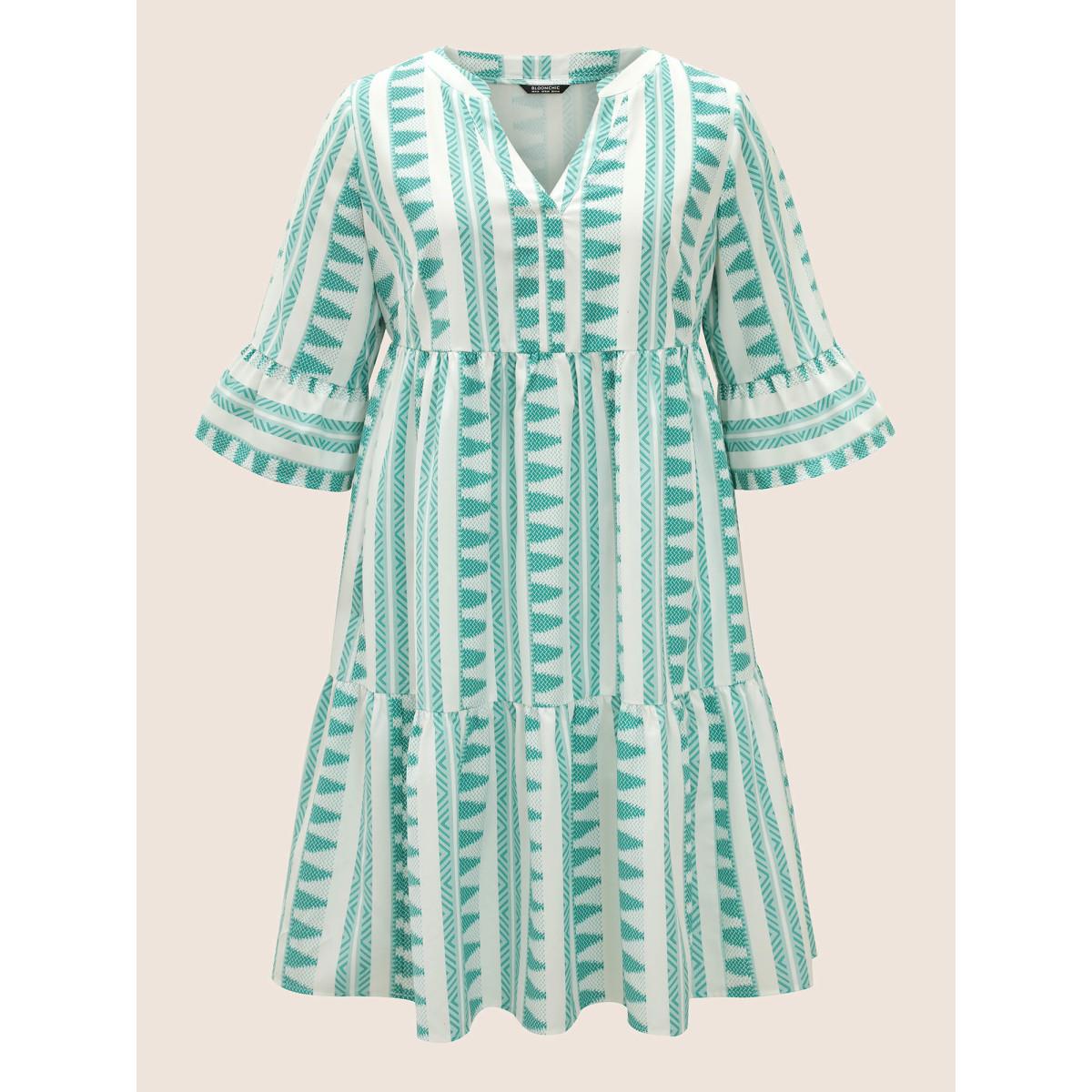 Plus Size Bandana Geometric Notched Ruffle Layered Hem Dress Turquoise Women Resort Non Notched collar Elbow-length sleeve Curvy Midi Dress BloomChic 30/6X Product Image