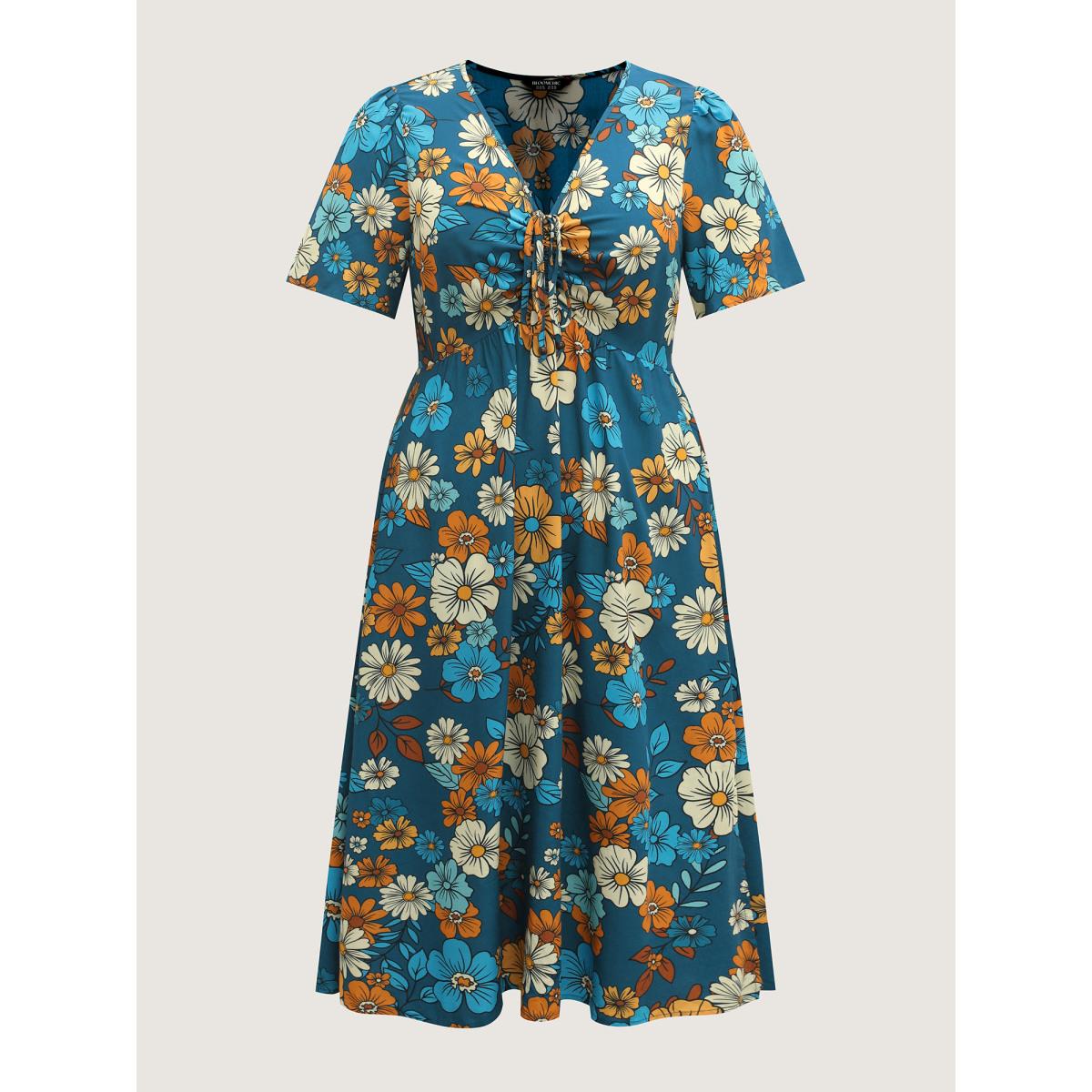 Plus Size Floral Drawstring Bodice Side Slit Midi Dress Navy Women Timeless V-neck Short sleeve Curvy BloomChic 12/L Product Image