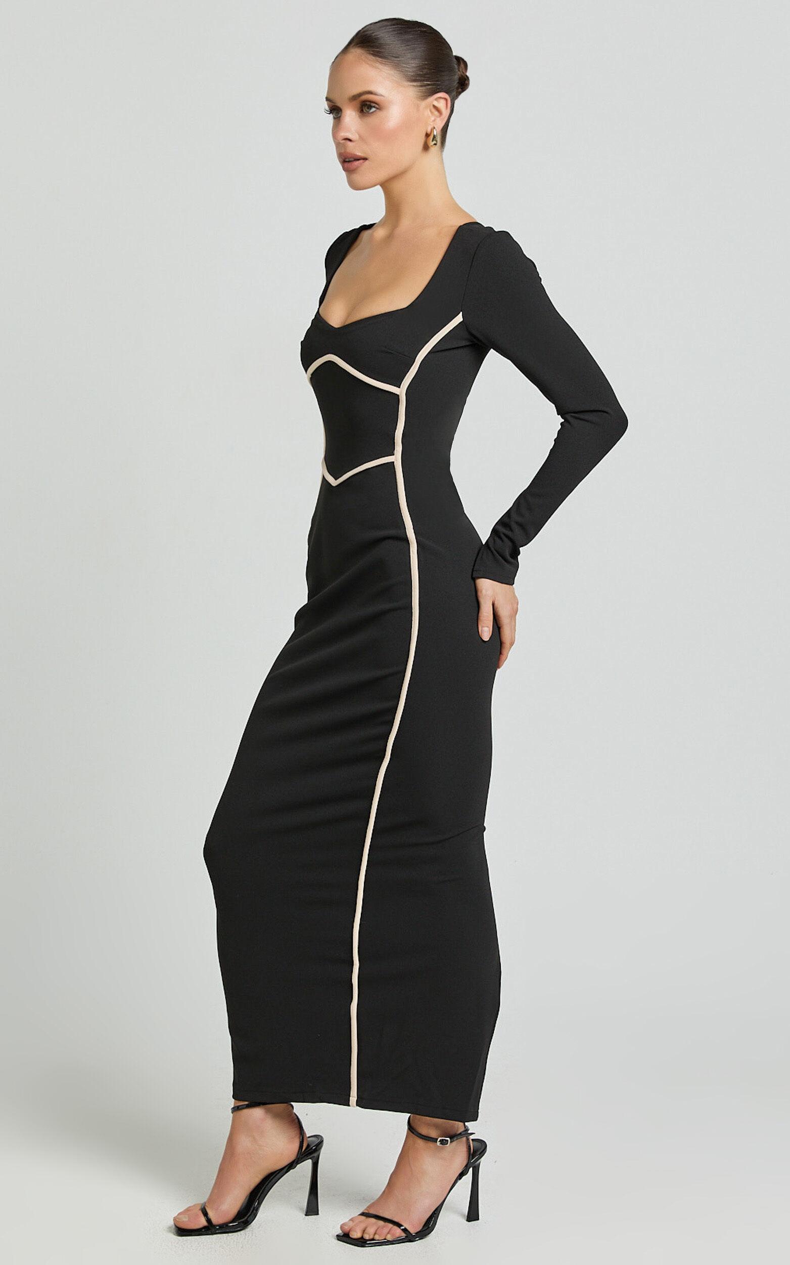 Zareena Midi Dress - Straight Neck Long Sleeve Slip Dress in Black Product Image