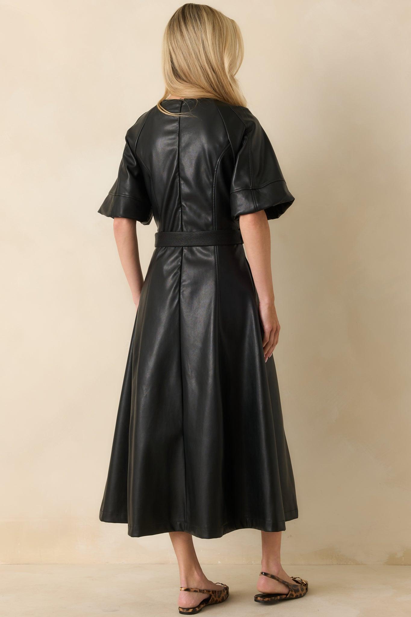 Something to Behold Black Faux Leather Short Sleeve Belted Midi Dress Product Image