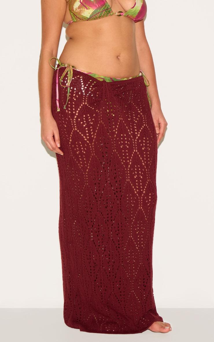 Plus Burgundy Crochet Maxi Knot Detail Beach Skirt Product Image