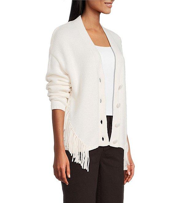 Reba Sage Knit V-Neck Asymmetrical Fringe Long Sleeve Button Down Cardigan Product Image
