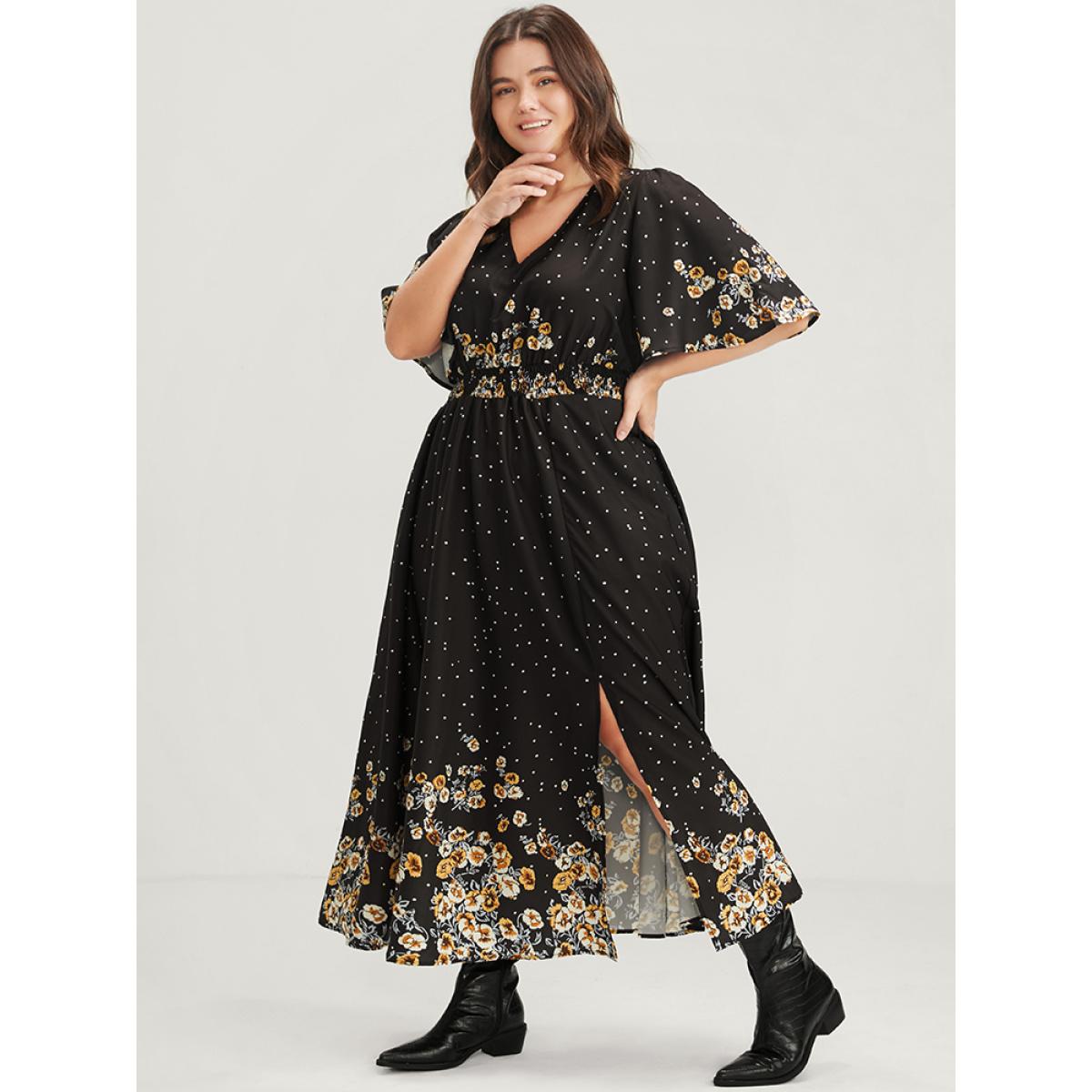 Plus Size Floral Pocket Split Hem Flutter Shirred Maxi Dress Black Women Casual Printed V-neck Half Sleeve Curvy Midi Dress BloomChic 10/M Product Image