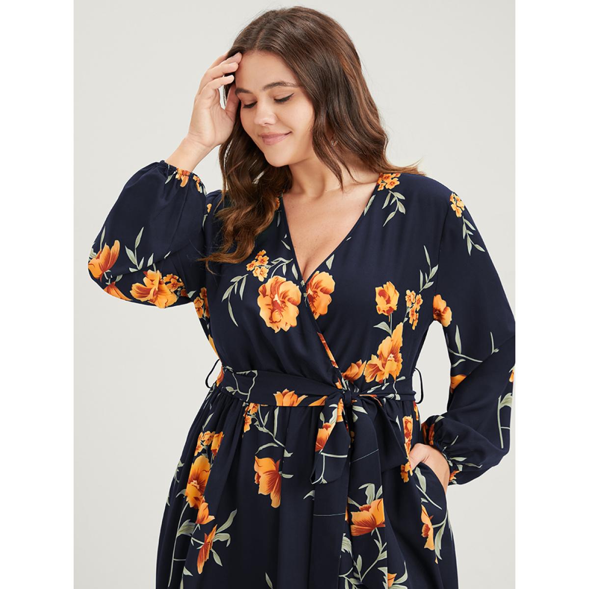 Plus Size Floral Pocket Lantern Sleeve Flutter Split Hem Ties Wrap Dress DarkBlue Women Elegant Cross straps V-neck Long Sleeve Curvy Midi Dress BloomChic 14-16/1X Product Image