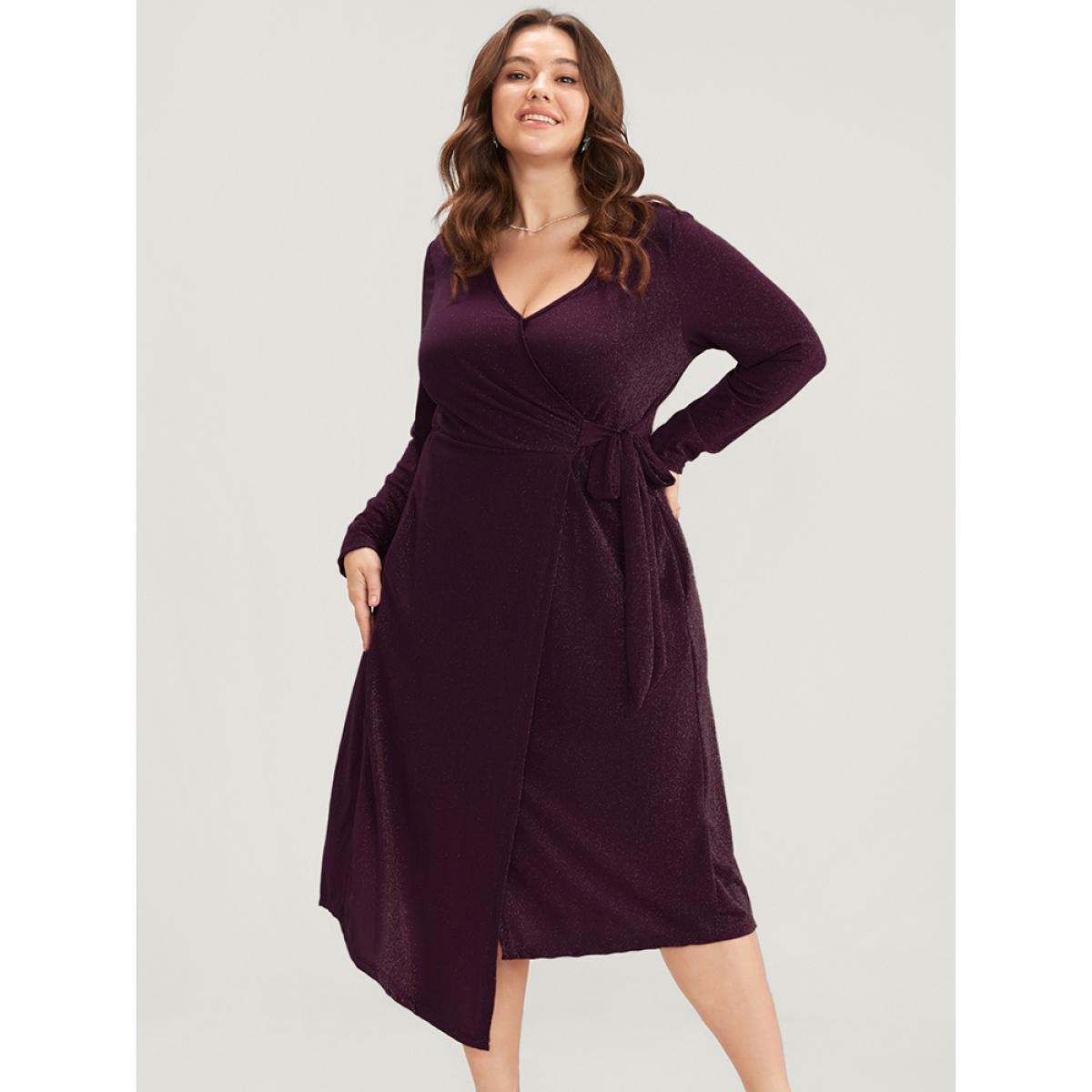 Plus Size Sequin Wrap Knotted Side Pocket Asymmetrical Hem Dress Eggplant Women Party Knotted V-neck Long Sleeve Curvy Midi Dress BloomChic 30/6X Product Image