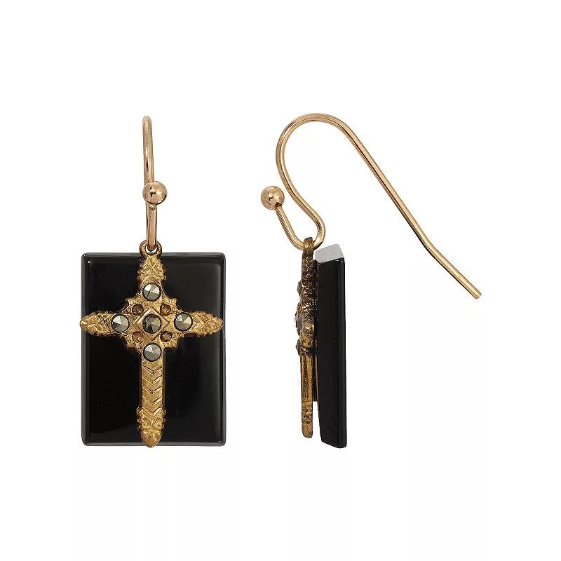 Symbols of Faith Gold Tone Semi-Precious Cross Drop Earrings, Womens, Black Product Image