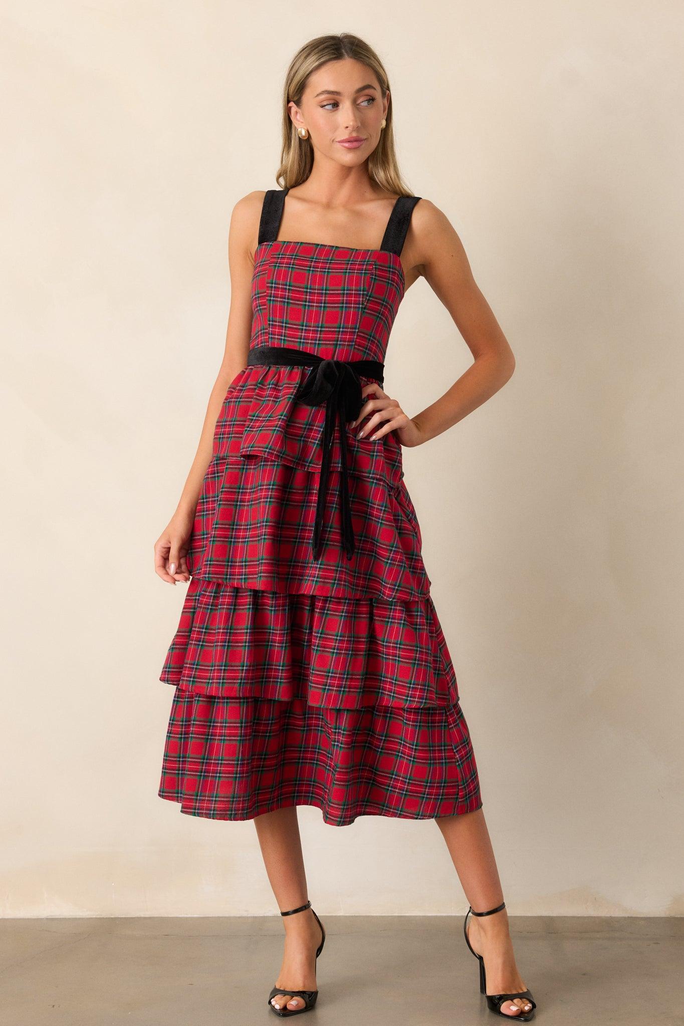 Elegance Defined Cotton Red Plaid Tiered Midi Dress Product Image