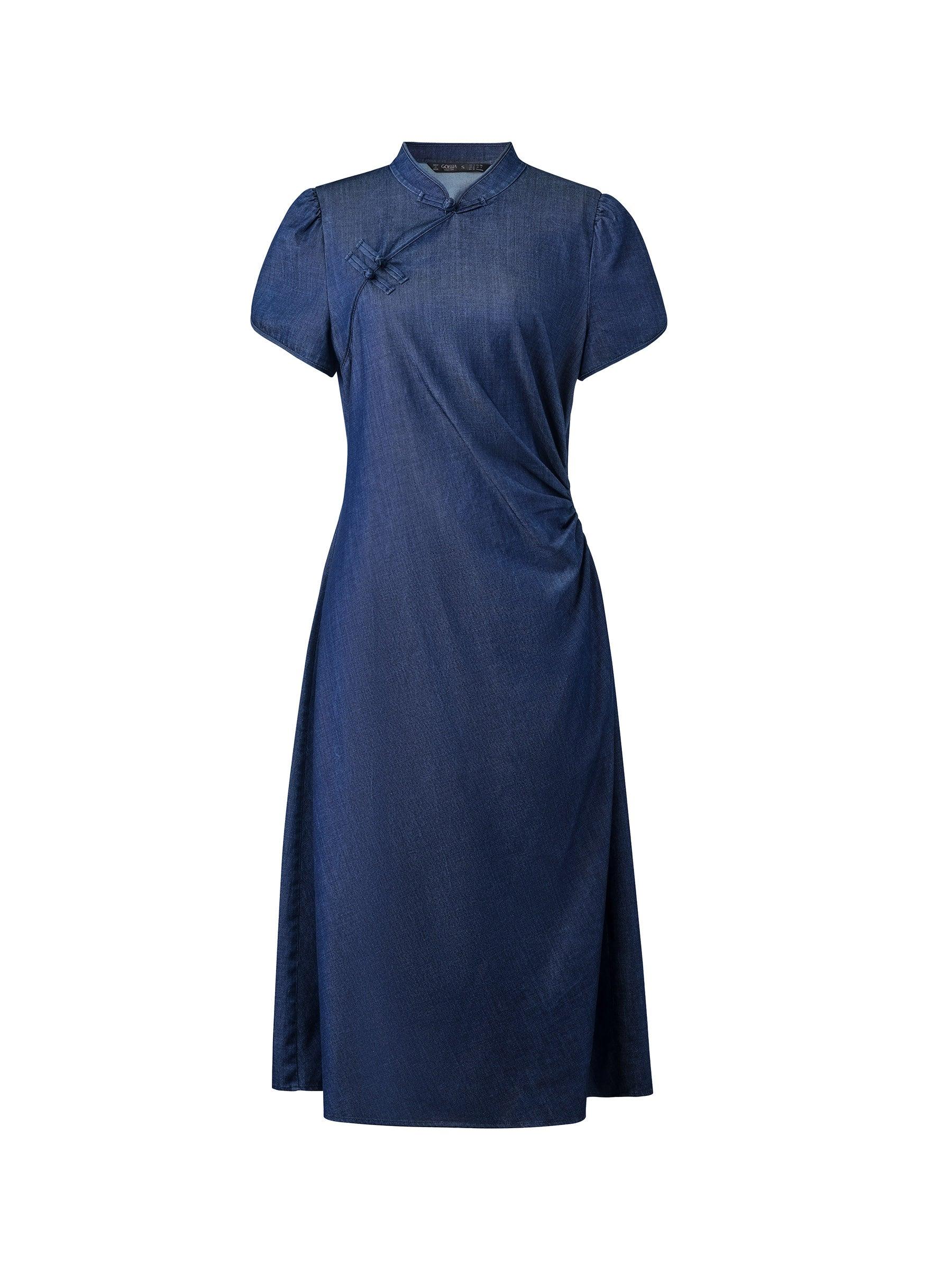 Tencel Blend Denim Side Twist Women Qipao Midi Dress Product Image