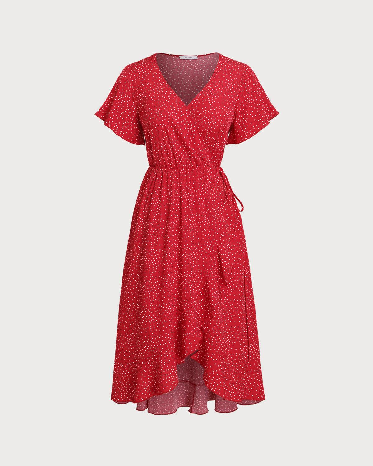 Plus Size Red V Neck Polka Dot  Midi Dress Product Image