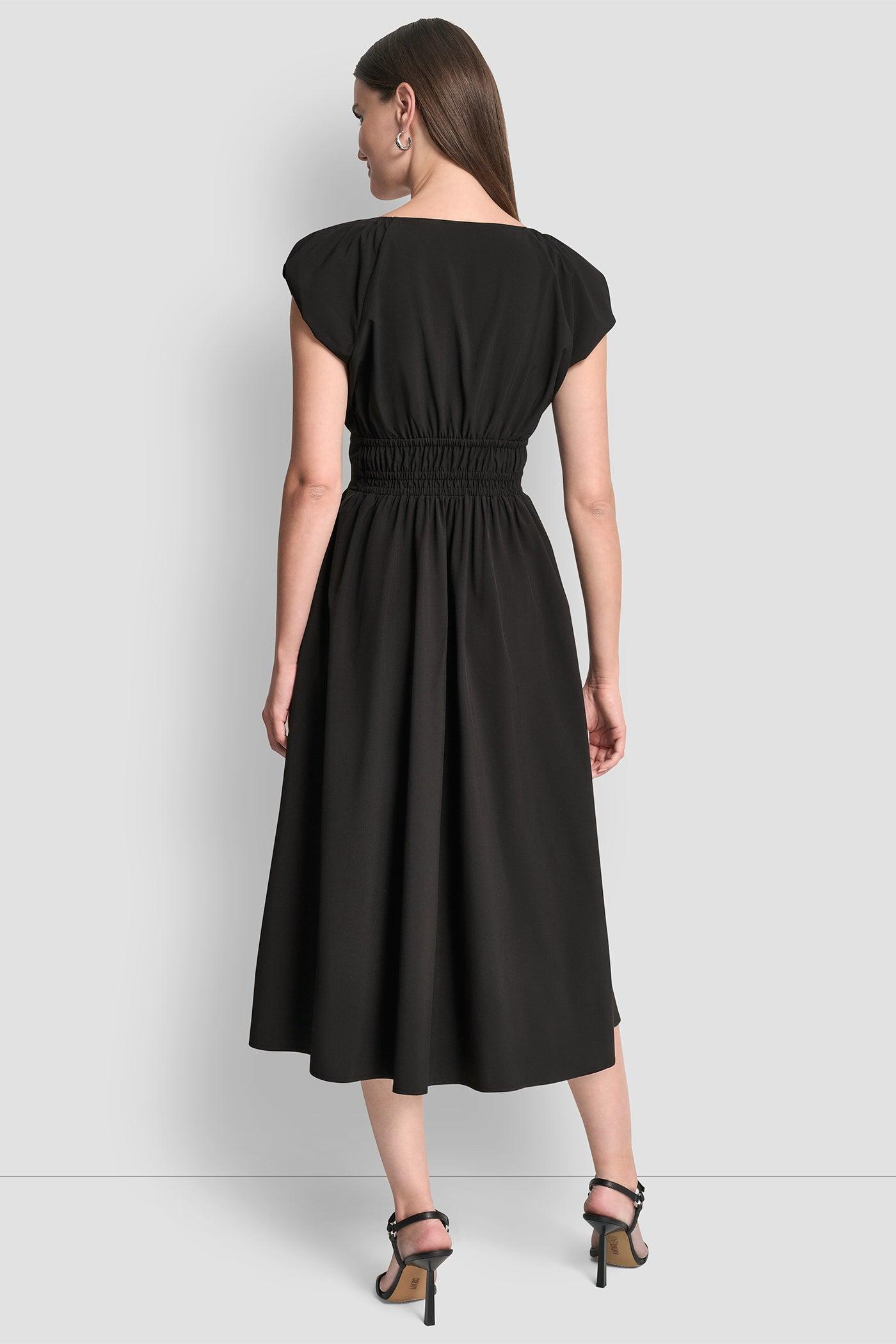 PUFF SLEEVE FIT & FLARE MIDI DRESS Product Image