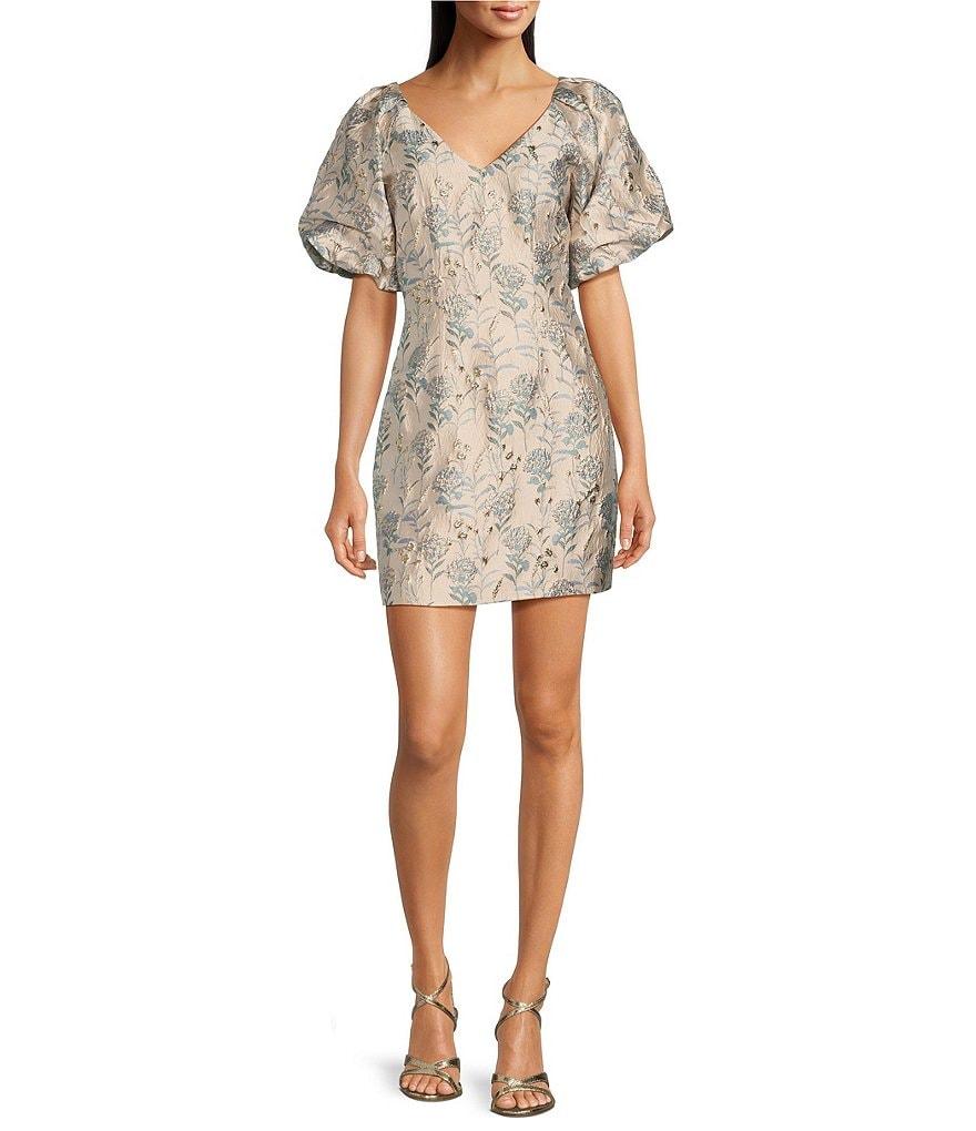 Adelyn Rae Metallic Jacquard V-Neckline Short Puff Sleeve Mini Dress Product Image