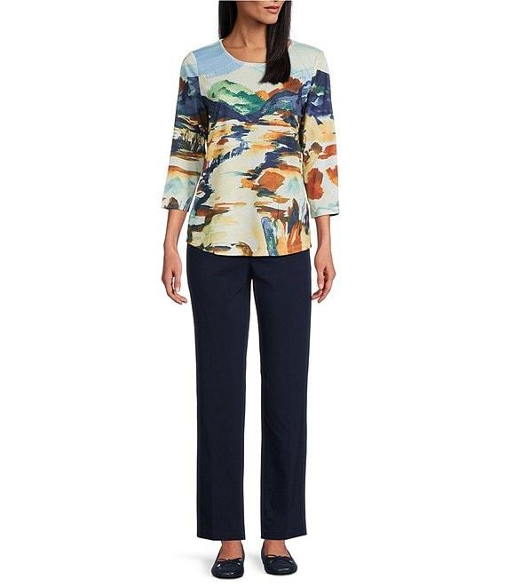 Allison Daley Petite Size Deep Forest Autumn Prairie Print 3/4 Ruched Sleeve Crew Neck Knit Top Product Image
