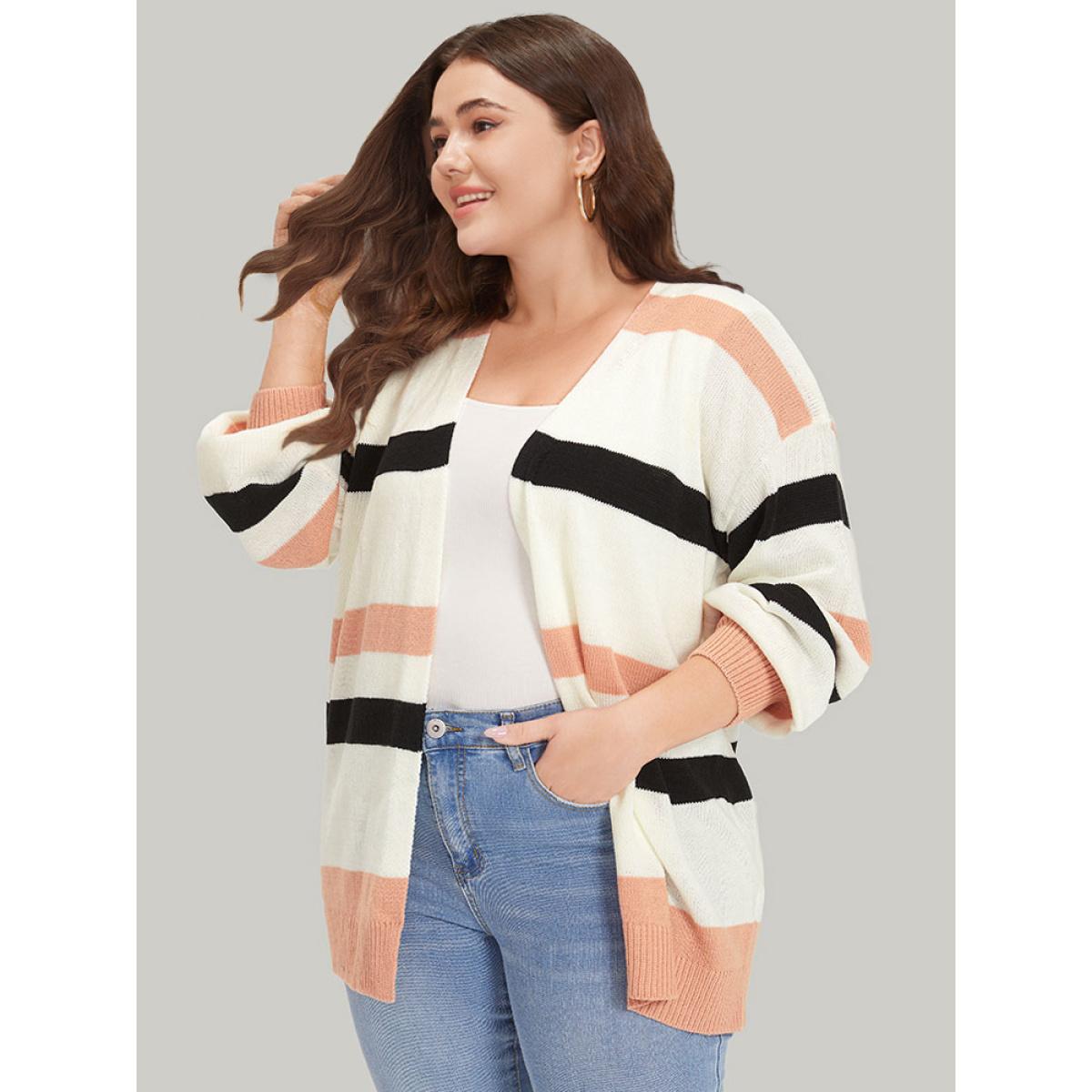 Plus Size Colorblock Contrast Elastic Cuffs Open Front Cardigan Multicolor Women Casual Loose Long Sleeve Dailywear Cardigans BloomChic 14-16/1X Product Image