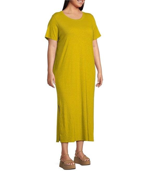 Eileen Fisher Plus Size Organic Cotton Slub Jersey Crew Neck Sleeveless Midi Dress Product Image