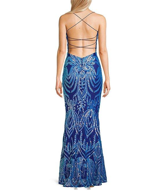 Midnight Doll Sequin Pattern Scoop Neck Spaghetti Strap Side Slit Gown Product Image