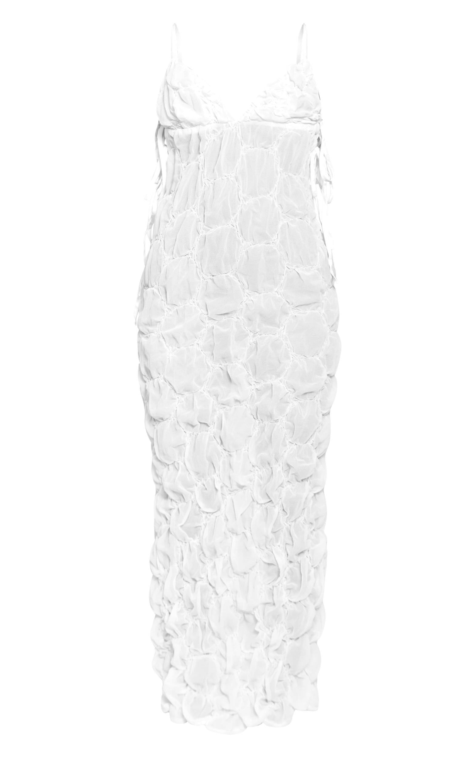 Petite White Strappy Tie Side Shirred Textured Maxi Dress Product Image