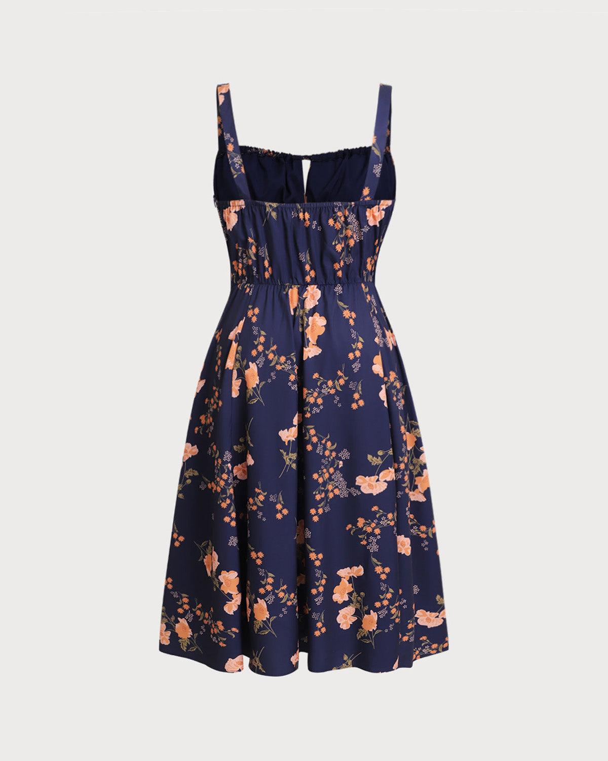 Navy Floral Ruched Plus Size Slip Midi Dress Product Image