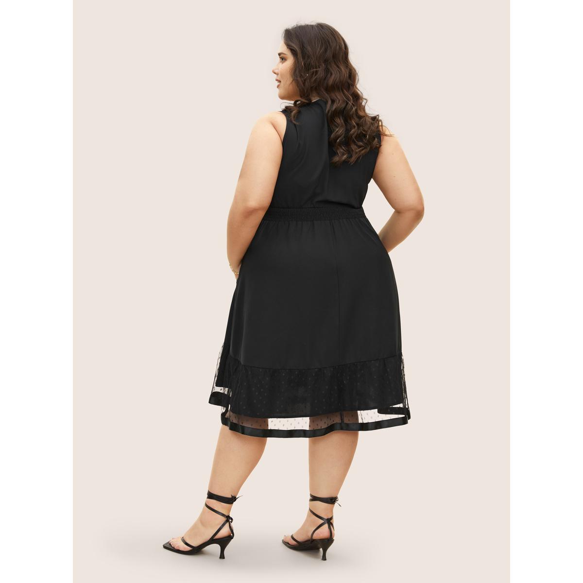 Plus Size Plain Patchwork Polka Dot Mesh Sleeveless Dress Black Women Elegant Woven ribbon&lace trim V-neck Sleeveless Curvy BloomChic 18-20/2X Product Image