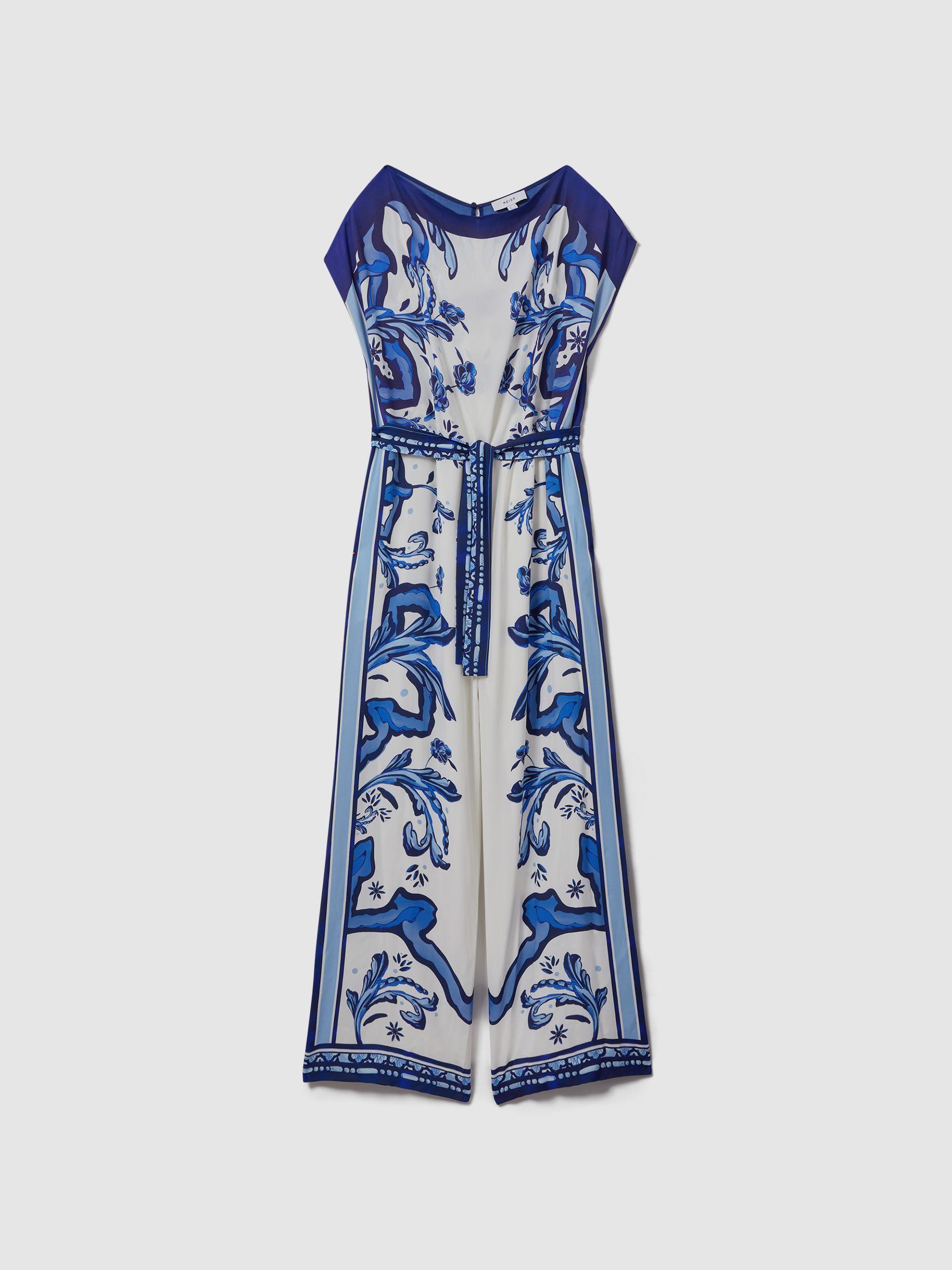 Tile Print Off-The-Shoulder Jumpsuit in Blue Product Image