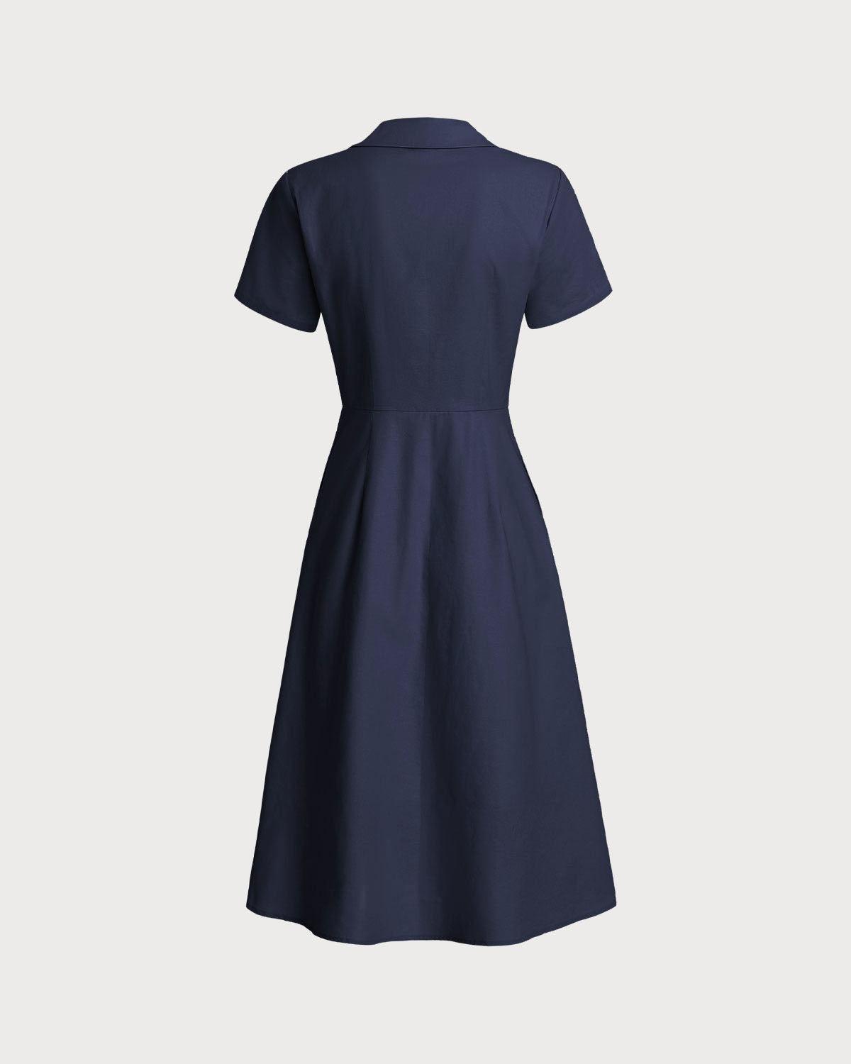 Navy Pocket Short Sleeve Midi Dress Product Image