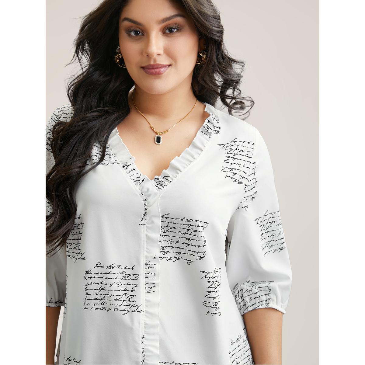 Plus Size Originalwhite Text Pattern Ruffled Lantern Sleeve Blouse Women Office Elbow-length sleeve V-neck Office Blouses BloomChic 18-20/2X Product Image