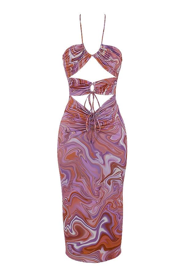 Kasia  purple swirl cutout midi dress Product Image