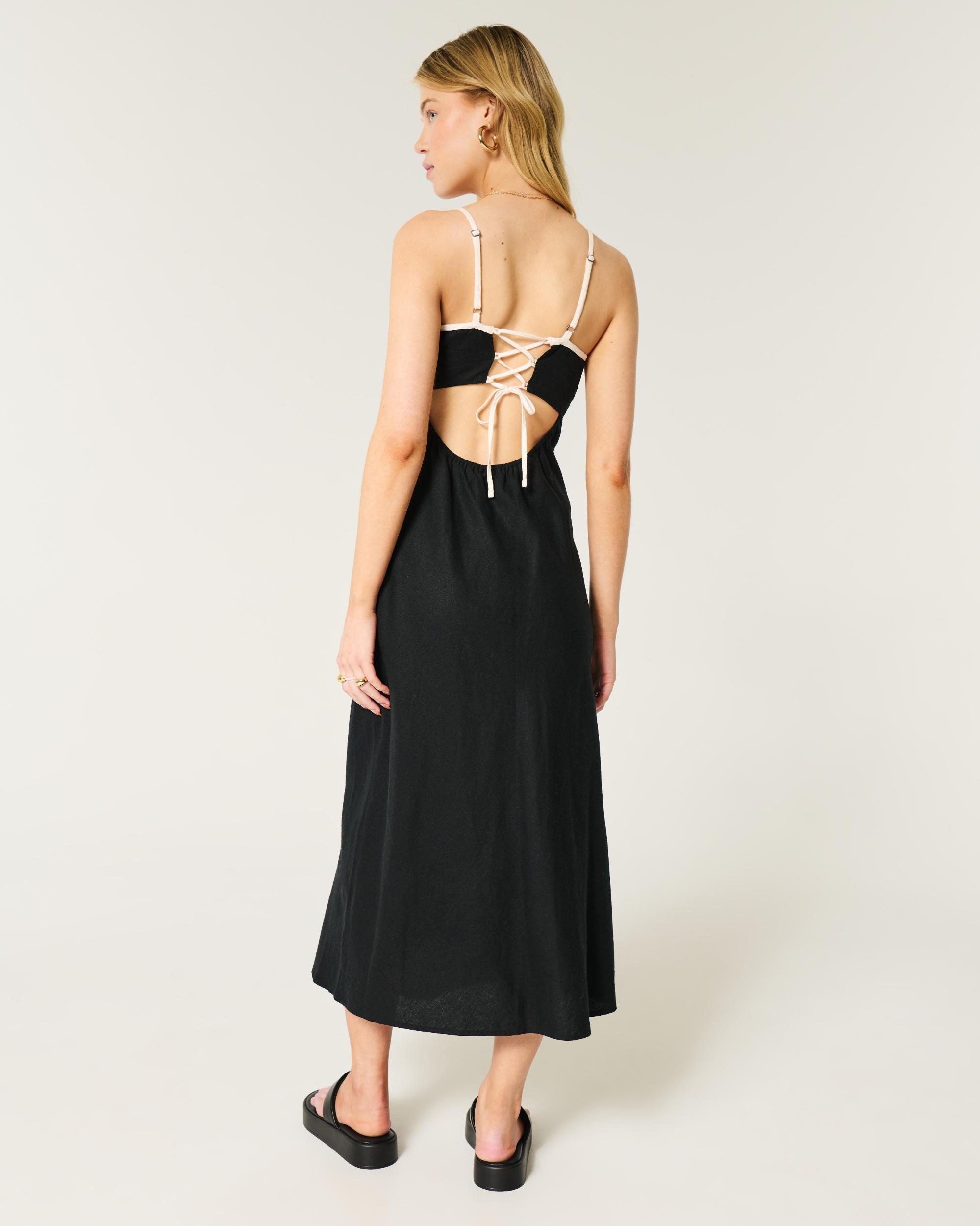 Linen-Blend Open Back Slip Midi Dress Product Image