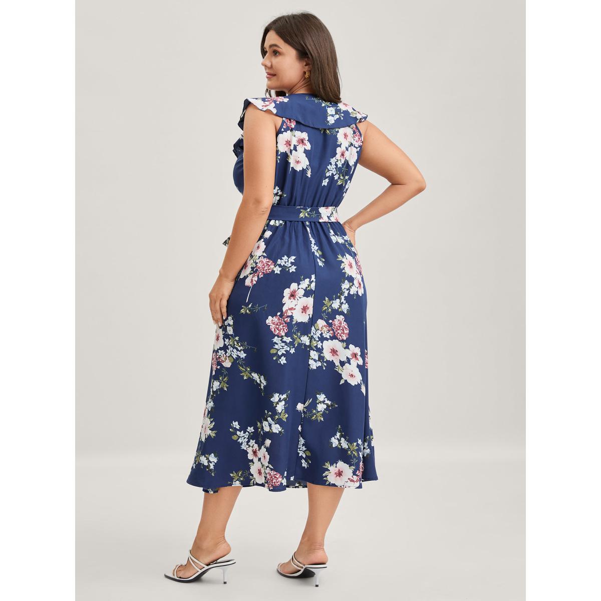 Plus Size Floral Belted Waist Ruffled Pockets Midi Dress DarkBlue Women Timeless Overlap Collar Cap Sleeve Curvy BloomChic 30/6X Product Image