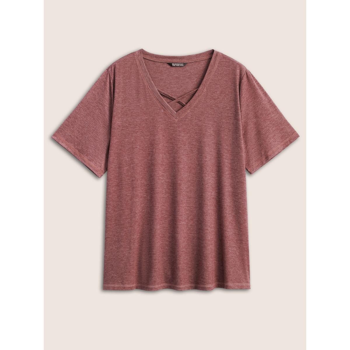 Plus Size Solid Crisscross Neck Contrast Stitch T-shirt Russet Women Leisure Plain V-neck Casual T-shirts BloomChic 12/L Product Image