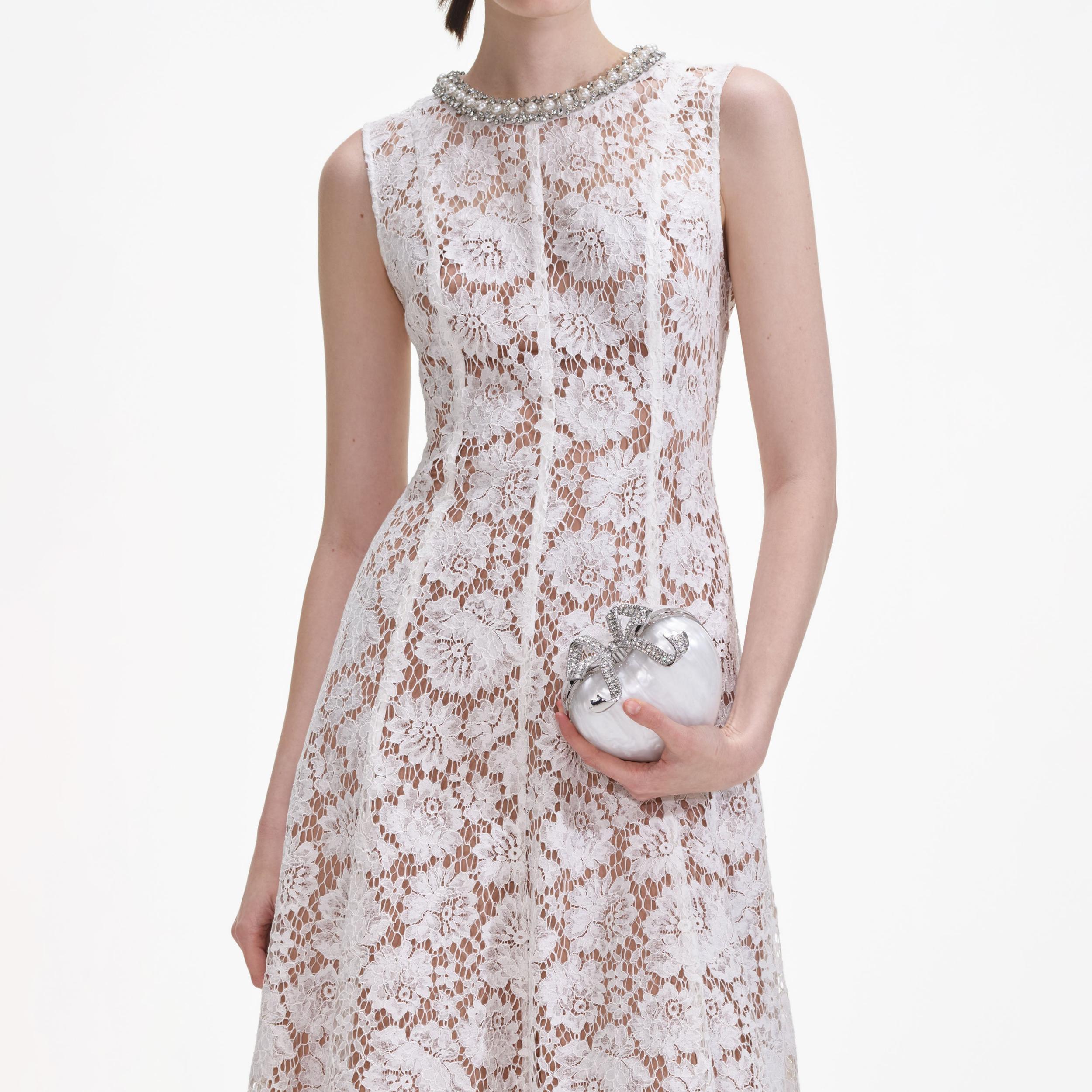White Fine Lace Pearl Midi Dress Product Image