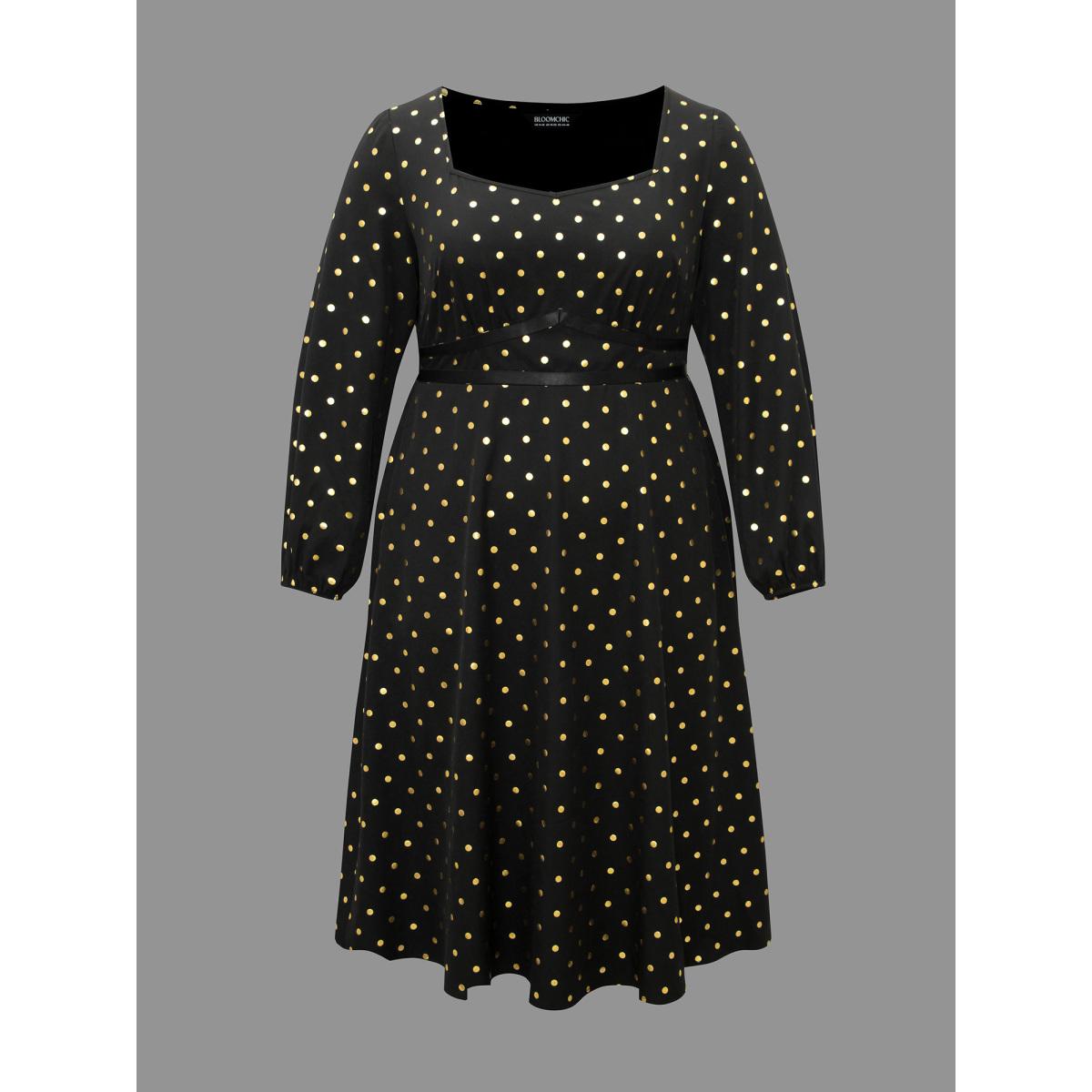 Plus Size Glitter Polka Dot Heart Neckline Dress Black Women Cocktail Woven ribbon&lace trim Party Curvy Bloomchic 22-24/3X Product Image