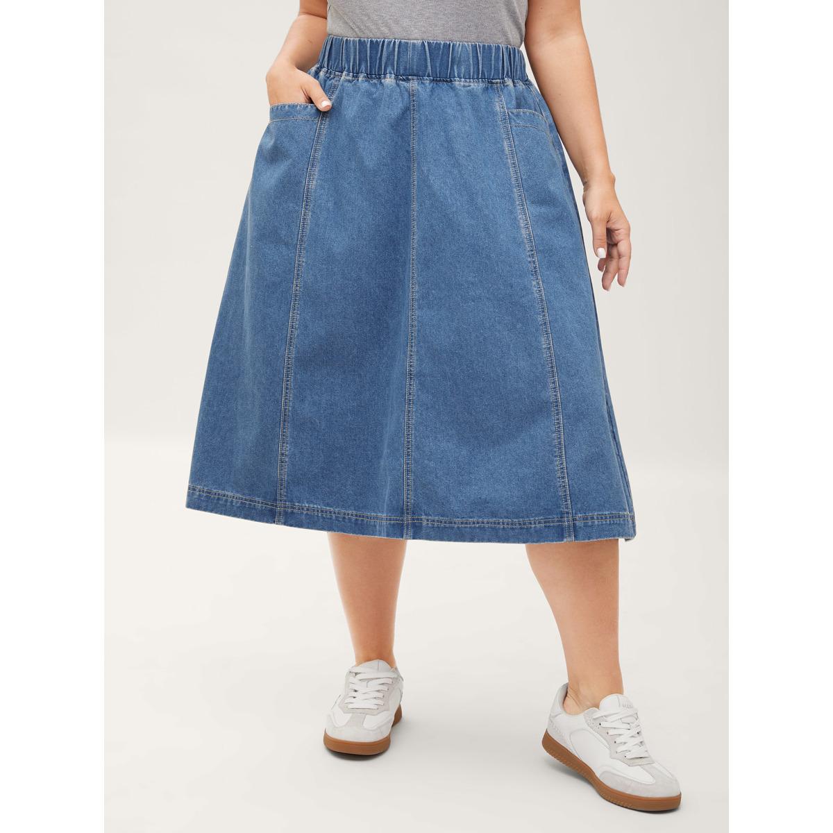 Plus Size Stretchy Waistband Pockets Denim Skirt Women Denimblue Everyday-Casual No stretch Medium Wash 30/6X Slanted pocket Denim Skirts BloomChic Product Image