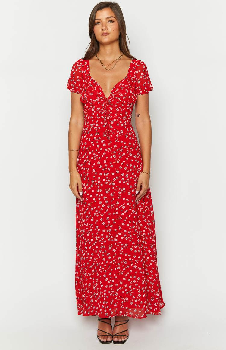 Ayla Red Floral Short Sleeve Maxi Dress Product Image