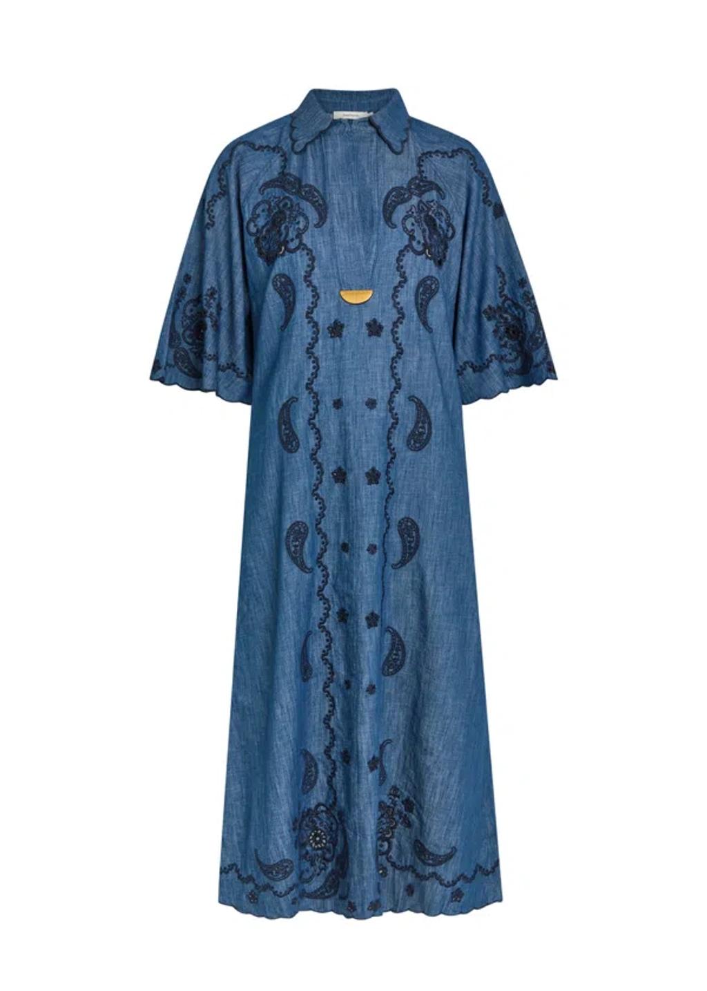 ZIMMERMANN Womens Railway Blue Aster Embroidered Denim Midi Dress Xs Product Image