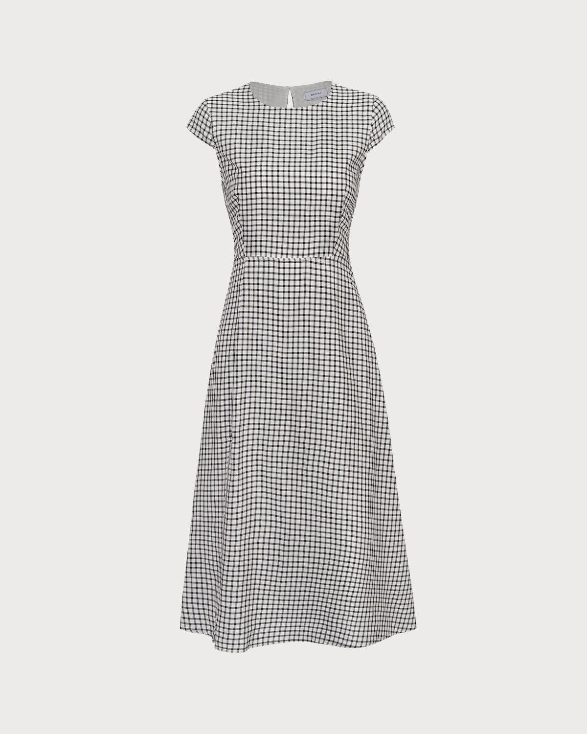 The Black Round Neck Cap Sleeve Plaid Midi Dress Product Image