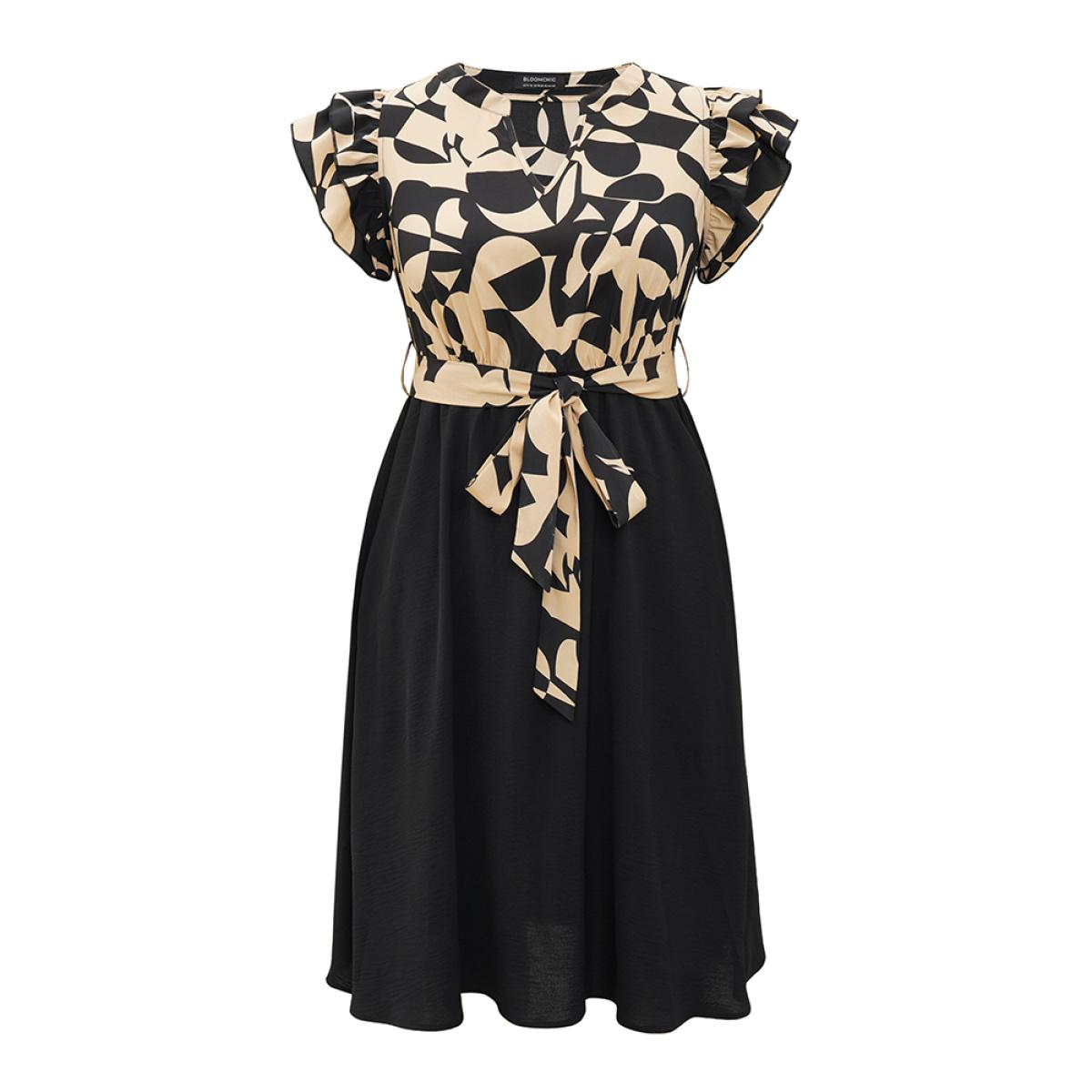 Plus Size Geometric Pocket Belted Ruffle Sleeve Notched Dress Tan Women Office Plain Notched collar Cap Sleeve Curvy Midi Dress BloomChic 30/6X Product Image