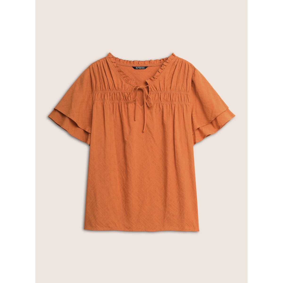 Plus Size OrangeRed Texture Tiered Ruffles Gathered Frill Trim Blouse Women Casual Short sleeve Notched collar Everyday Blouses BloomChic 26/4X Product Image