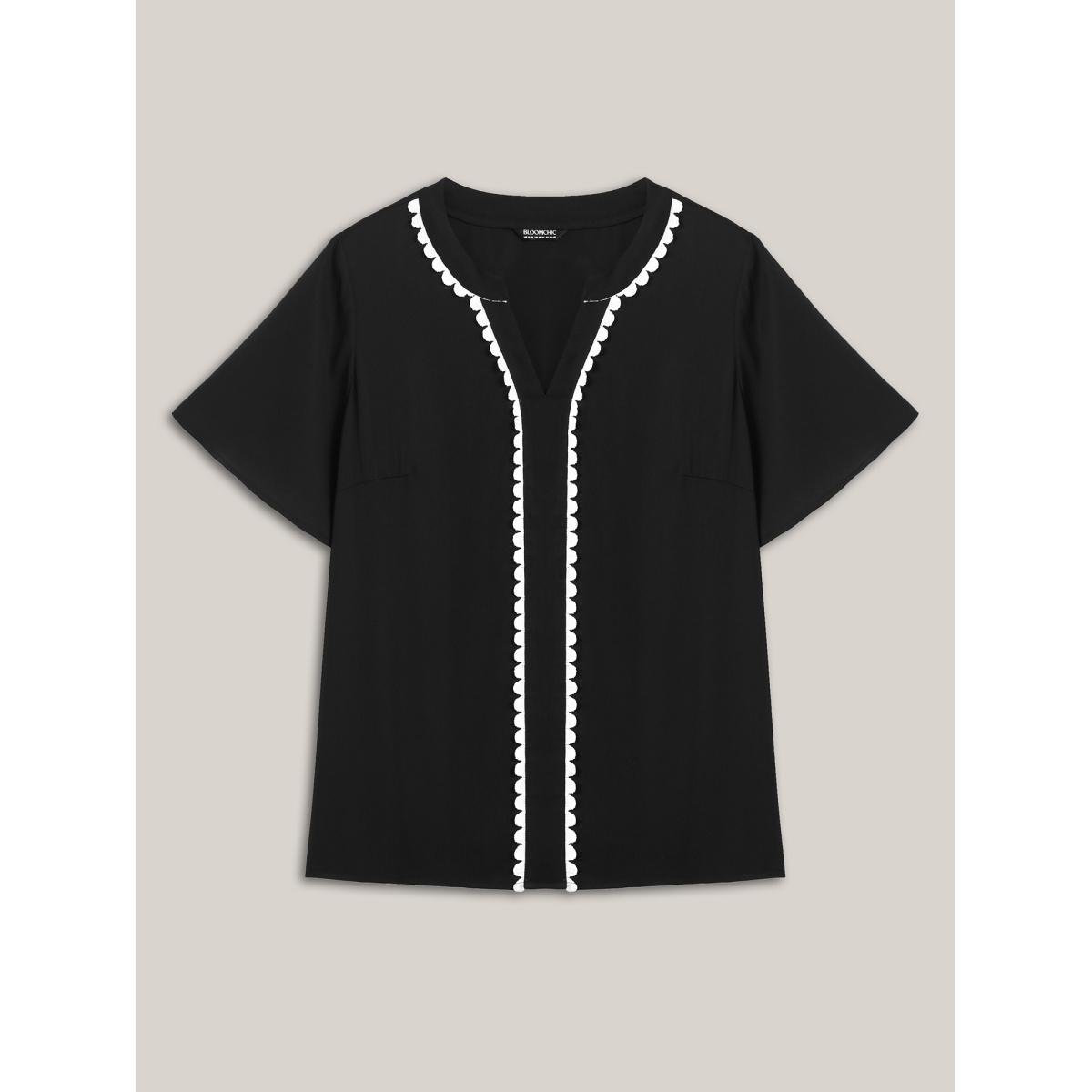 Plus Size Black Lace Trim Notched Collar Solid Blouse Women Short sleeve Notched collar Office Blouses BloomChic 12/L Product Image
