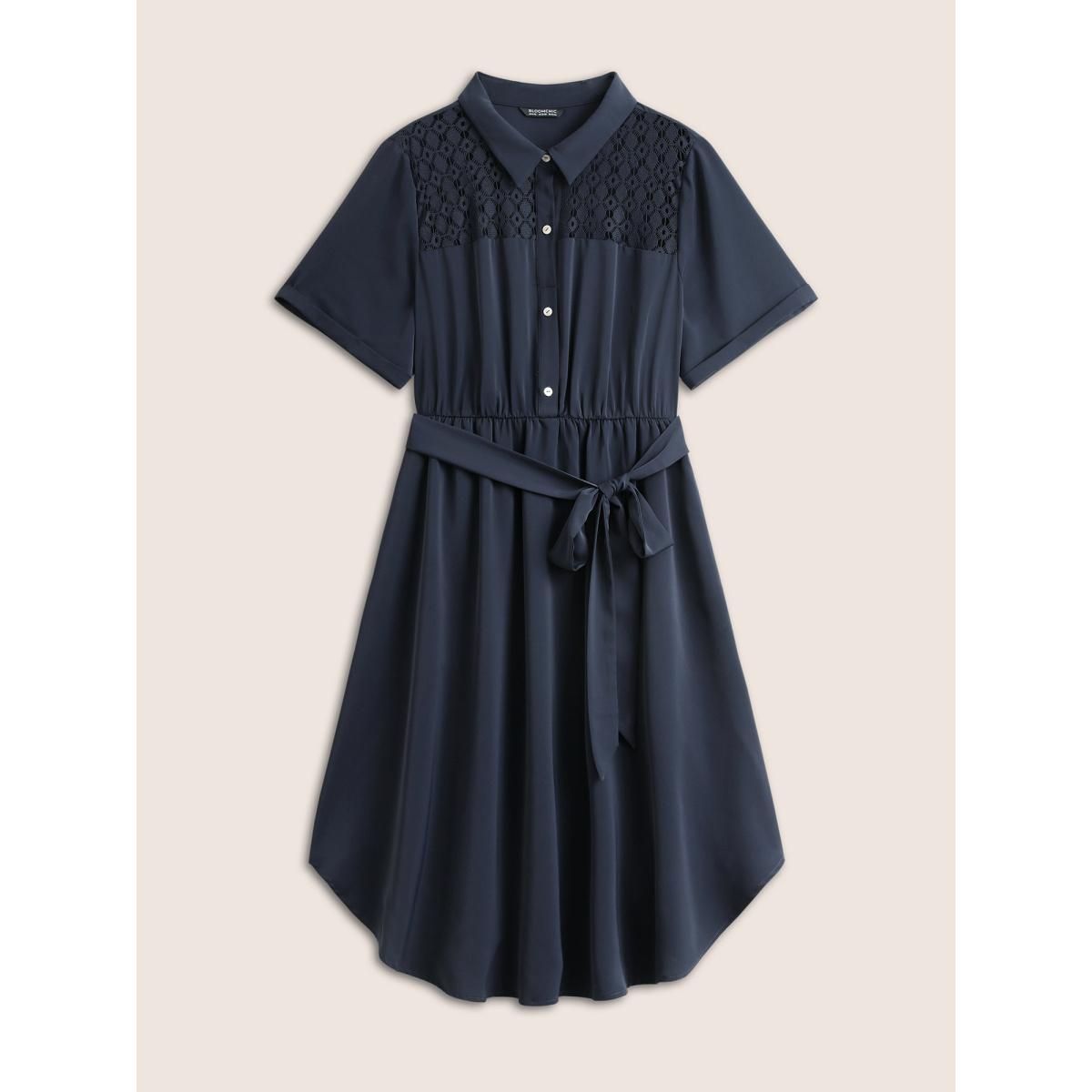 Plus Size Plain Lace Patchwork Belted Cuffed Sleeve Dress DarkBlue Women At the Office Non Shirt collar Short sleeve Curvy Midi Dress BloomChic 28/5X Product Image